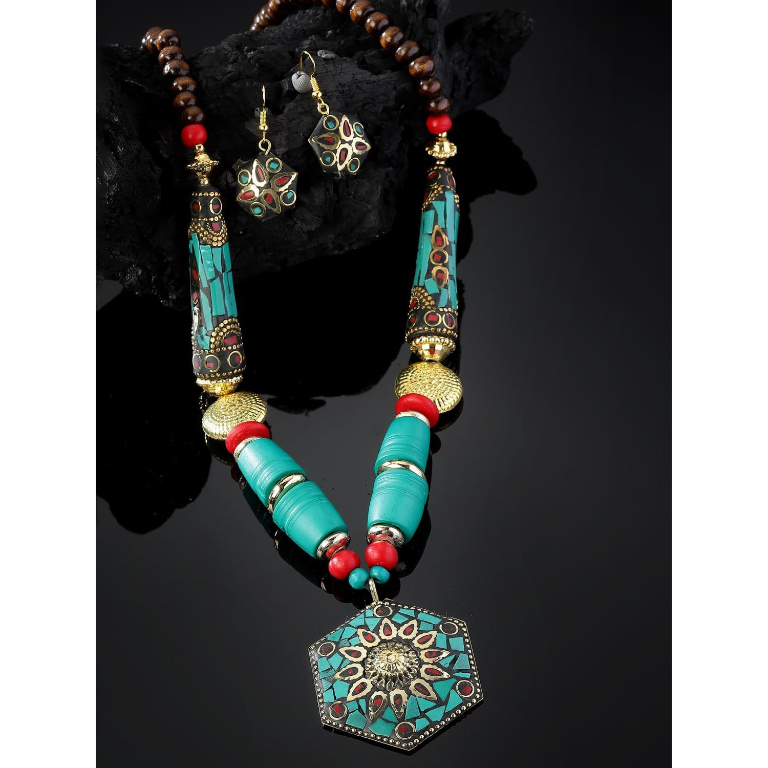 Shining Diva Fashion Latest Stylish Traditional Tibetan Pendant Necklace Jewellery Set for Women (rrsd15537s)