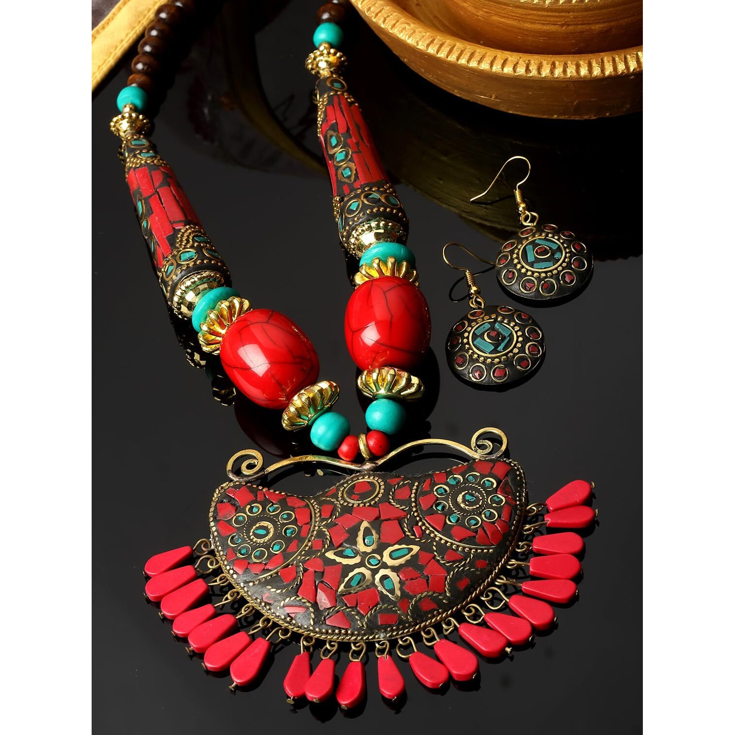 Shining Diva Fashion Latest Stylish Traditional Tibetan Pendant Necklace Jewellery Set for Women (rrsd15548s)