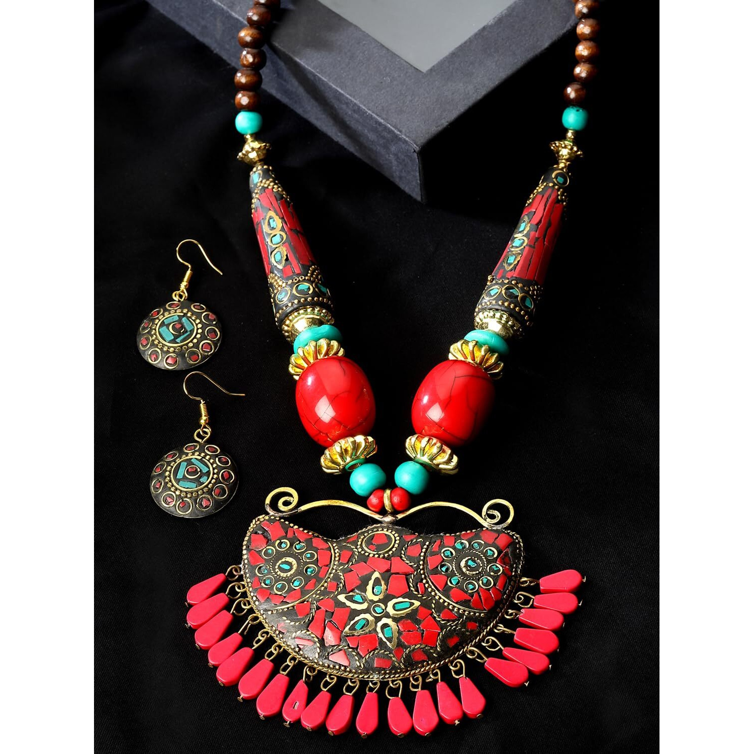 Shining Diva Fashion Latest Stylish Traditional Tibetan Pendant Necklace Jewellery Set for Women (rrsd15548s)