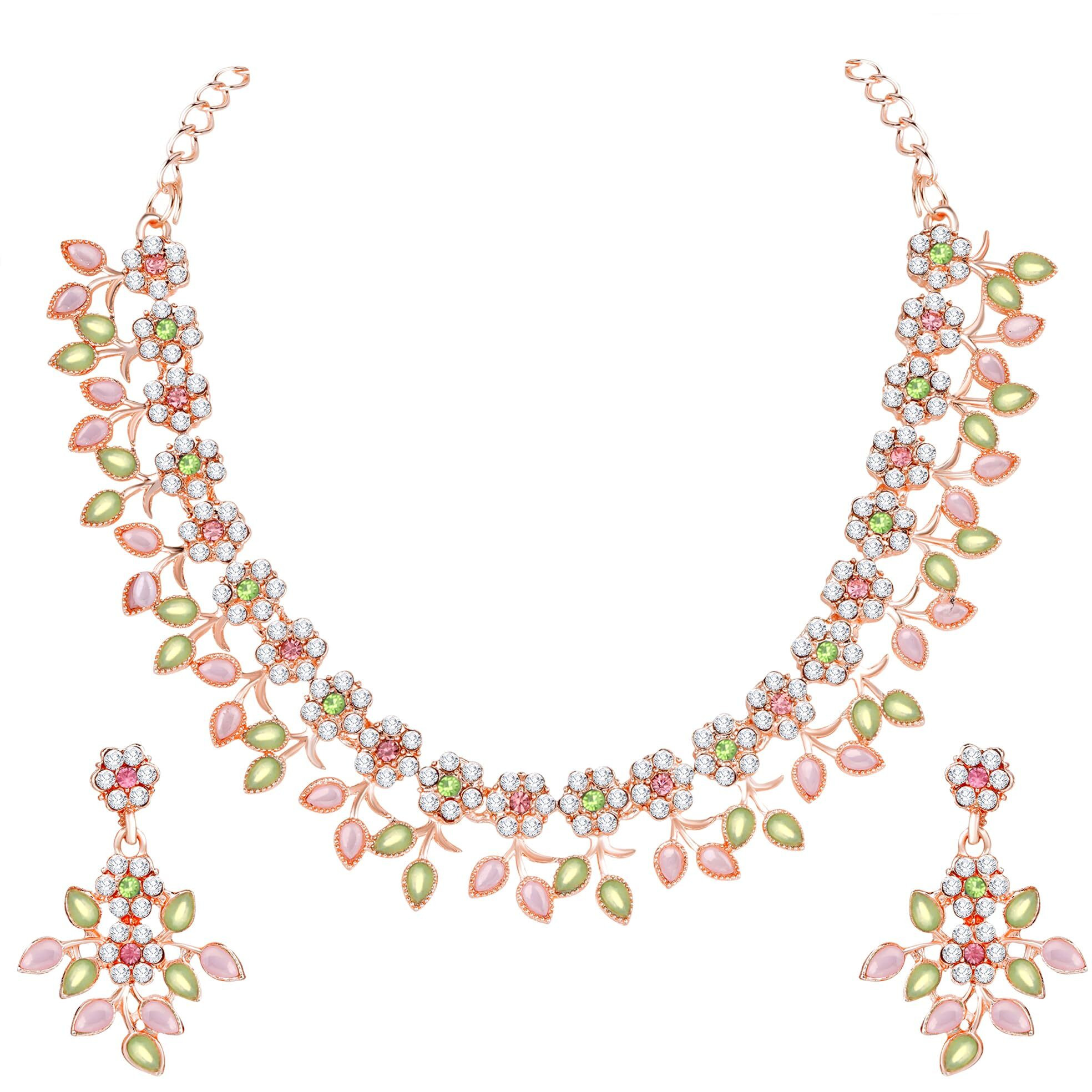 Atasi International Gold Plated Crystal Necklace Jewellery Set with Earrings Suited for Party Wedding Festive for Women (Rose Pink & Green)