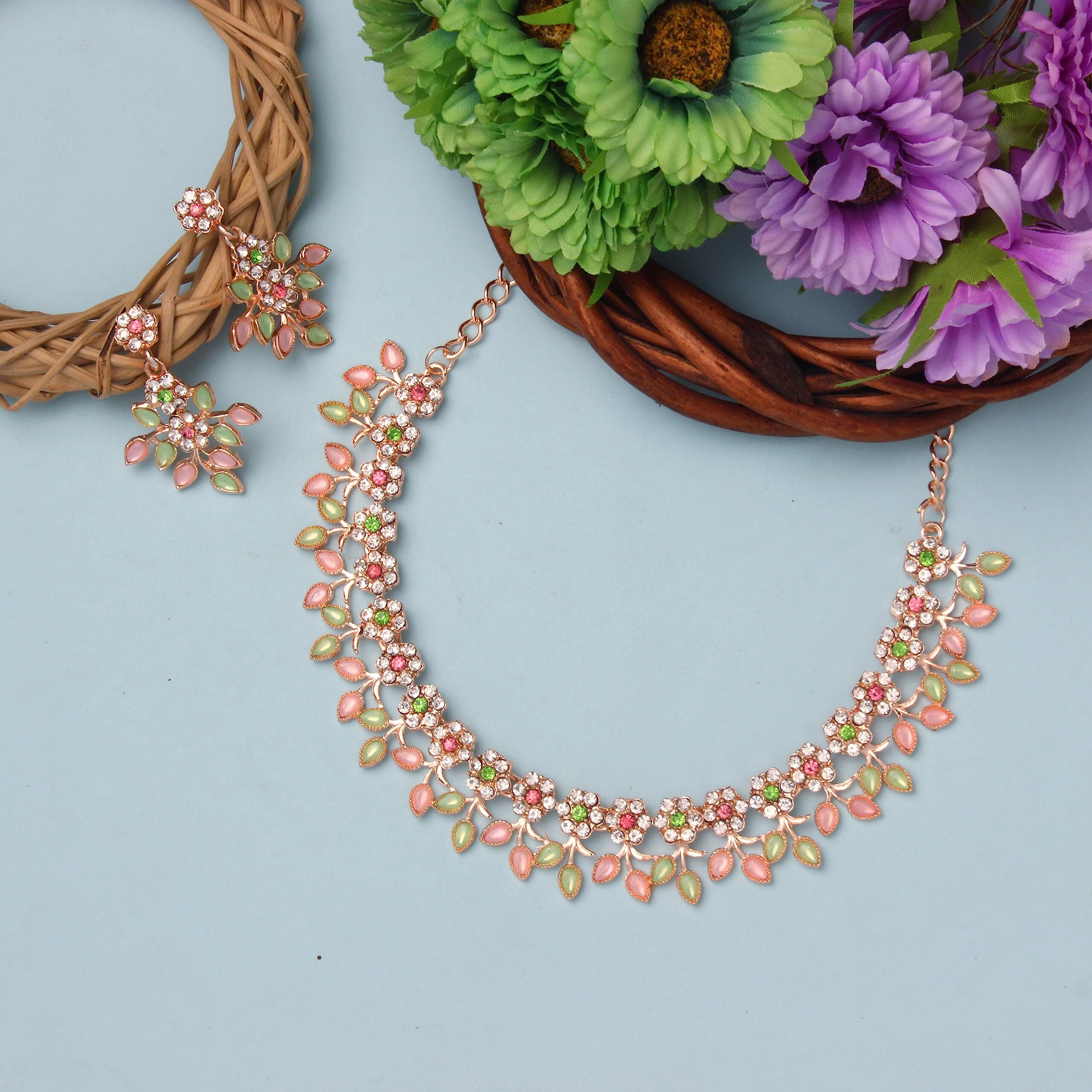 Atasi International Gold Plated Crystal Necklace Jewellery Set with Earrings Suited for Party Wedding Festive for Women (Rose Pink & Green)