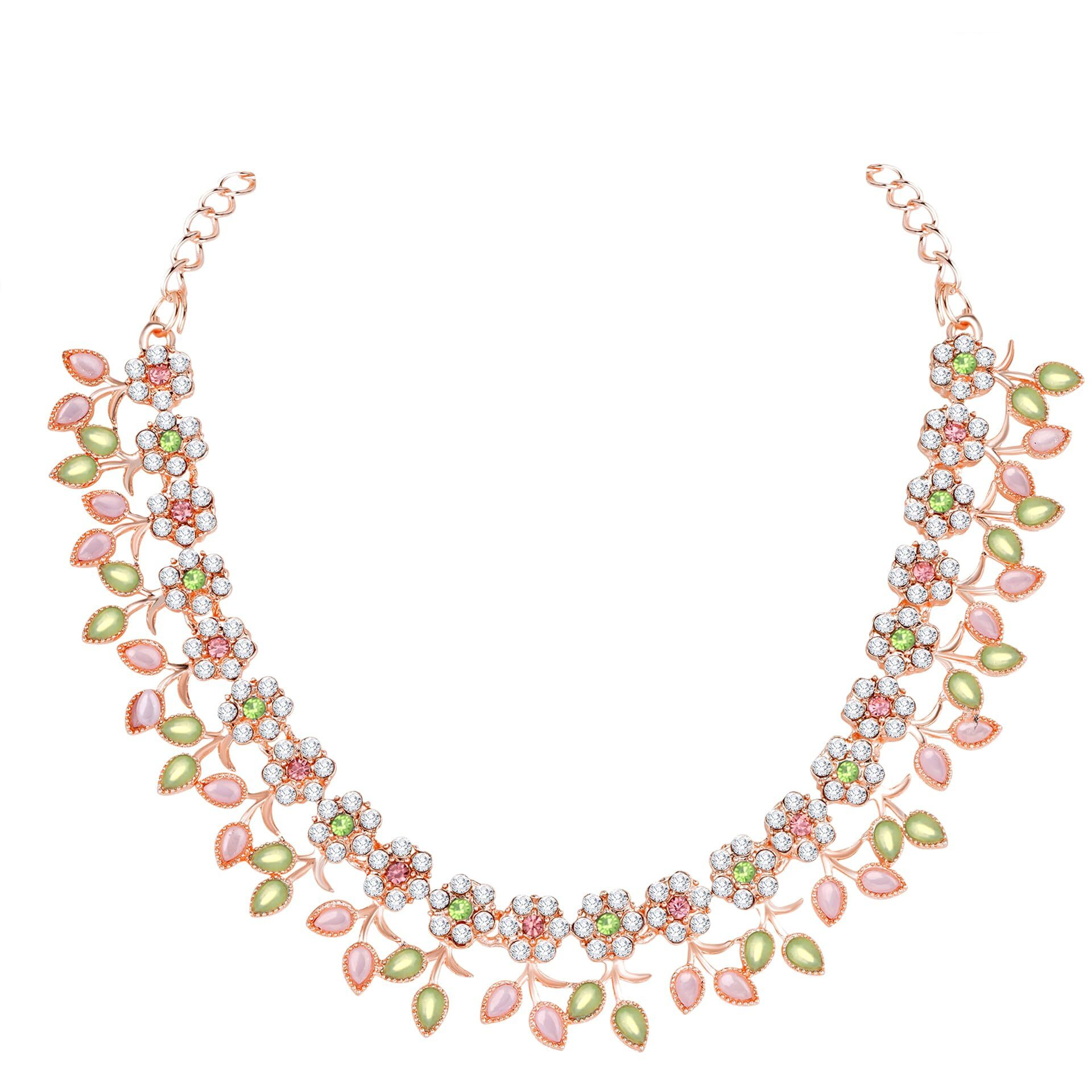Atasi International Gold Plated Crystal Necklace Jewellery Set with Earrings Suited for Party Wedding Festive for Women (Rose Pink & Green)