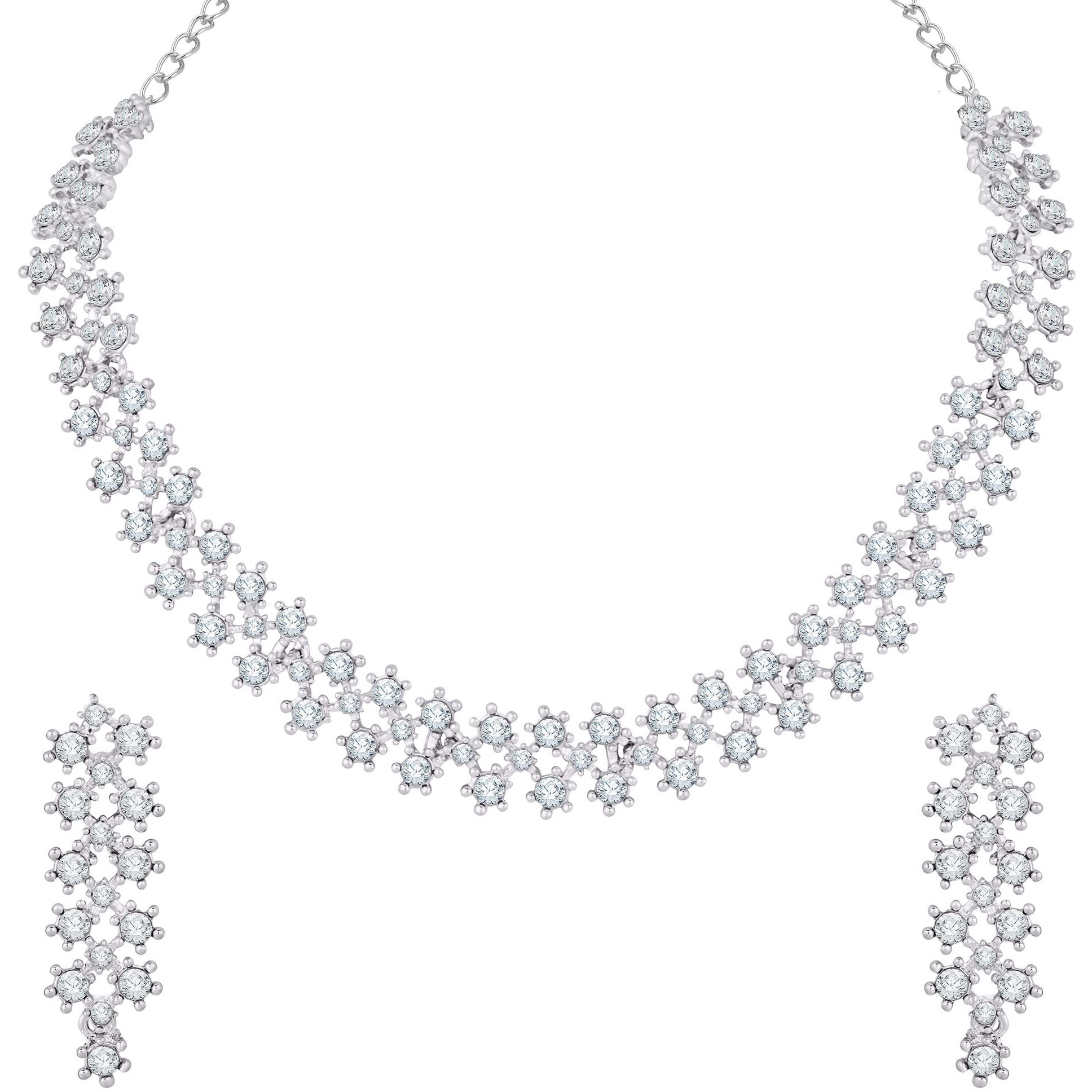Atasi International Silver Plated Diamond Necklace Jewellery Set With Earrings Ideal For Party, Wedding And Festival (R5552, Womens)