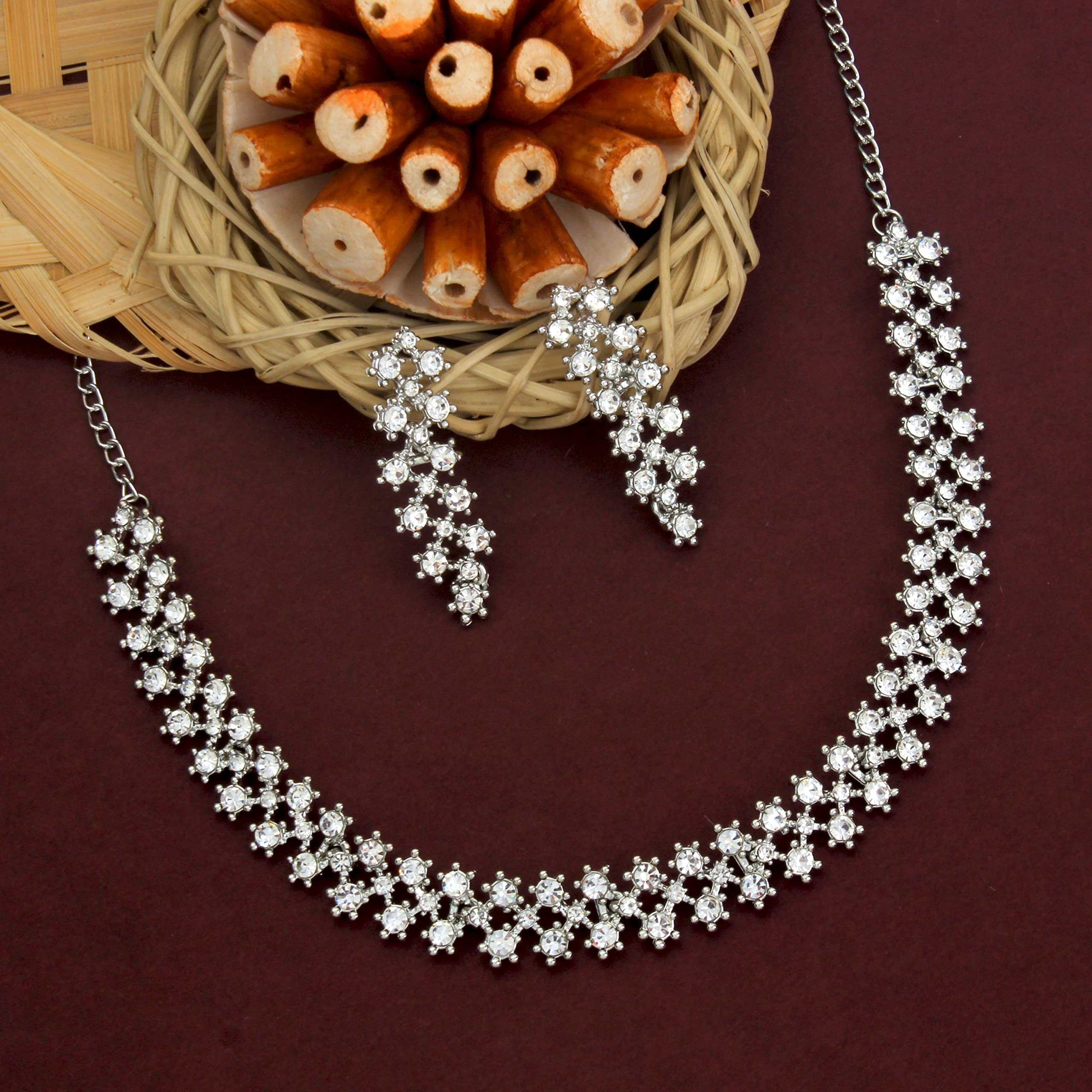 Atasi International Silver Plated Diamond Necklace Jewellery Set With Earrings Ideal For Party, Wedding And Festival (R5552, Womens)