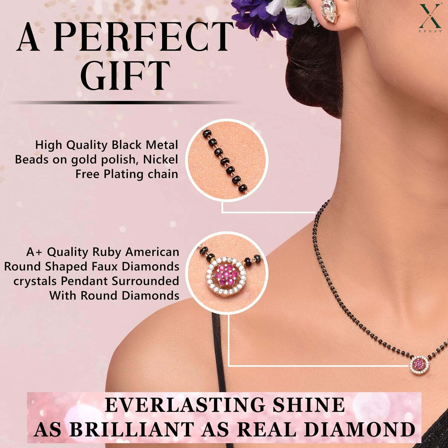XPNSV Jewelry Luxury Pendant Gift Set Mangalsutra for Women, Girl & Her With American Diamond, Traditional Black Bead, Best Gifting Option in 9 Different Designs (Ruby Round)