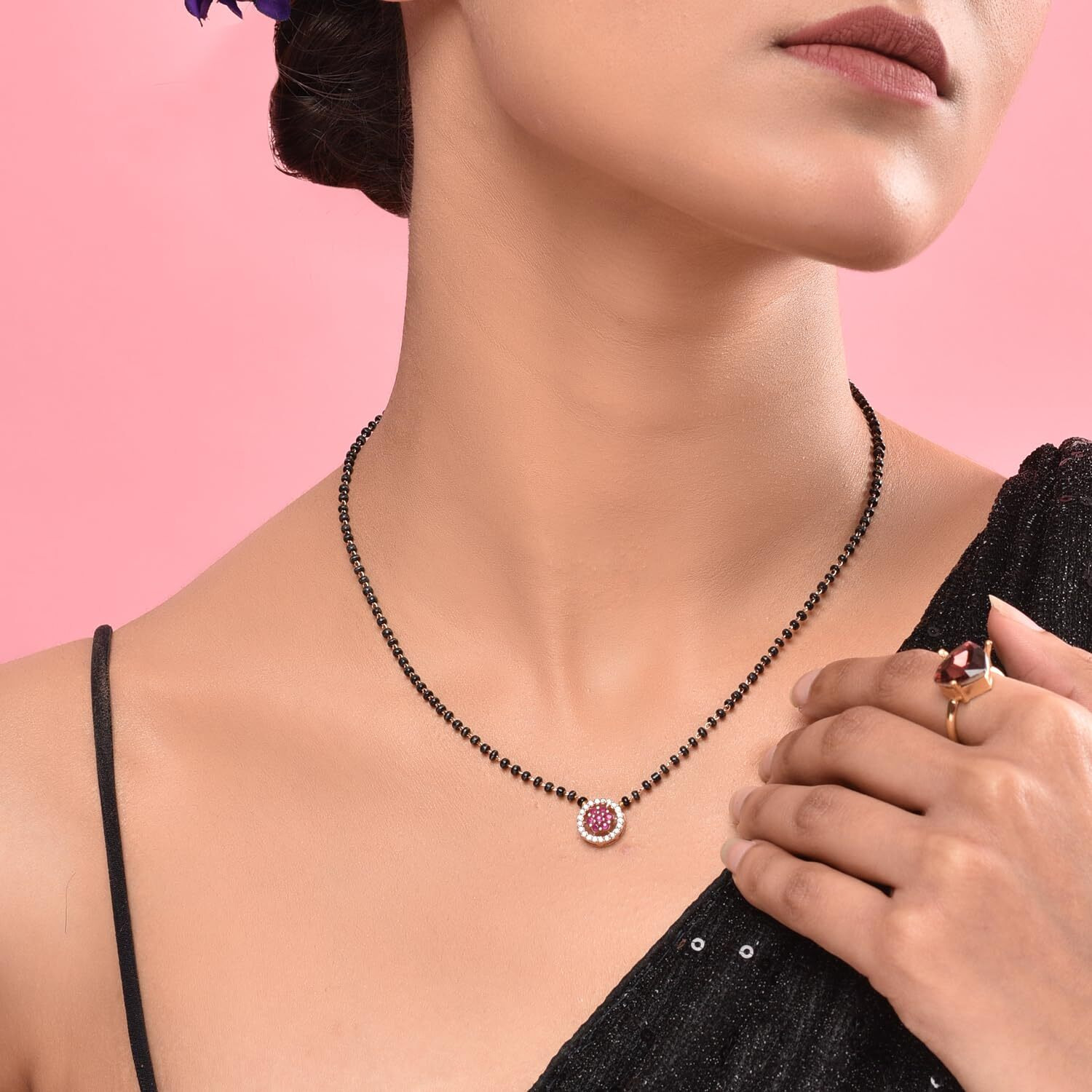 XPNSV Jewelry Luxury Pendant Gift Set Mangalsutra for Women, Girl & Her With American Diamond, Traditional Black Bead, Best Gifting Option in 9 Different Designs (Ruby Round)
