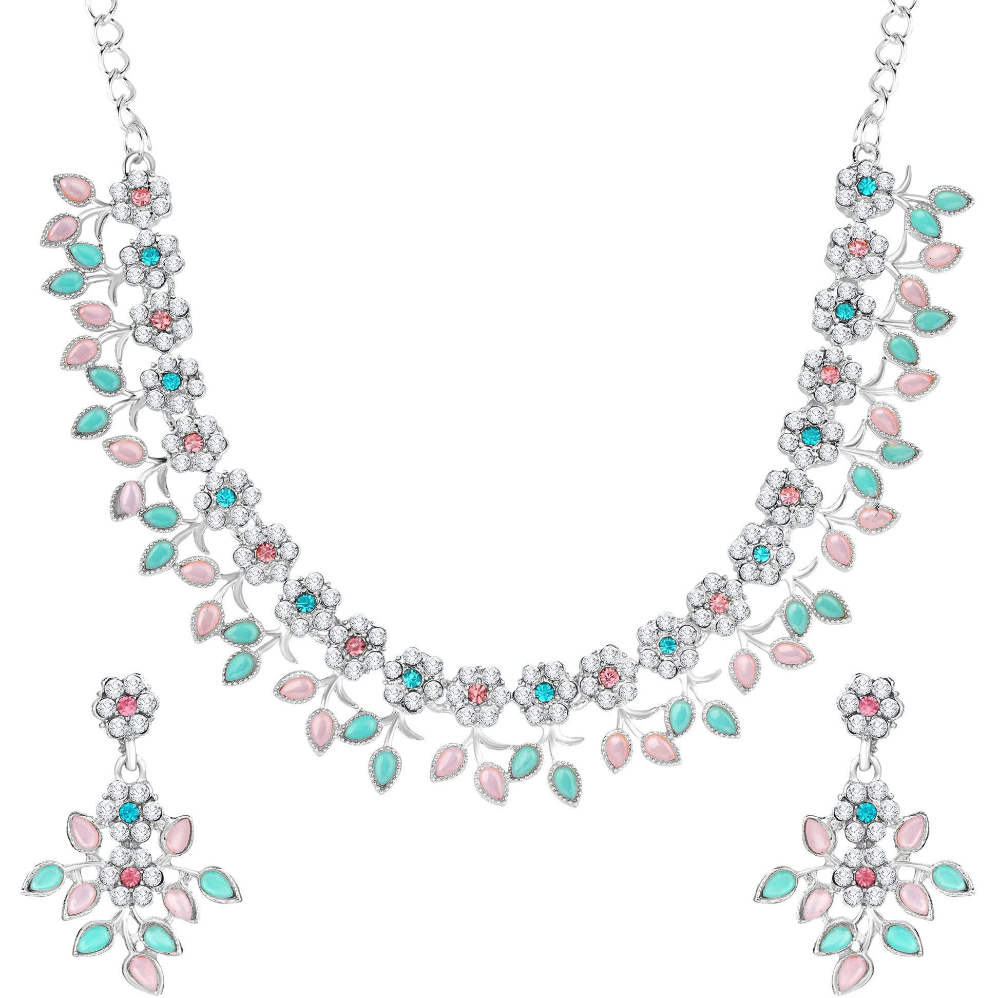 Atasi International Kundan Silver Plated Crystal AD Diamond Necklace Jewellery Set with Earrings for Women - Jewellery Collection for Weddings, Parties, and Festivals