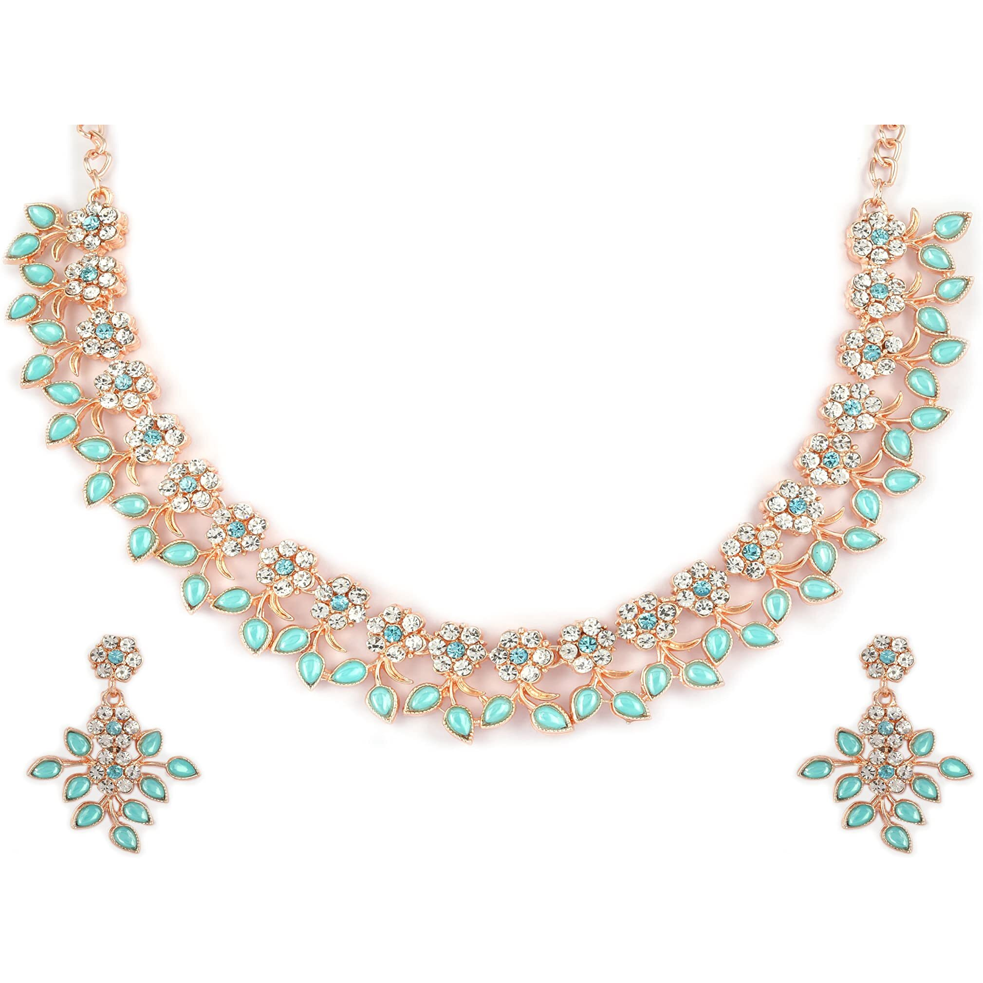 Atasi International Mint Blue Gold Plated Crystal Necklace Jewellery Set with Earrings Ideal for Party/Wedding/Festival (MB5484) For Women
