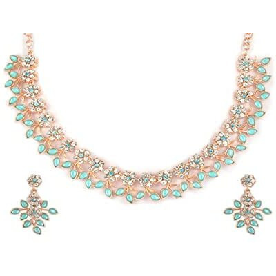 Atasi International Mint Blue Gold Plated Crystal Necklace Jewellery Set with Earrings Ideal for Party/Wedding/Festival (MB5484) For Women