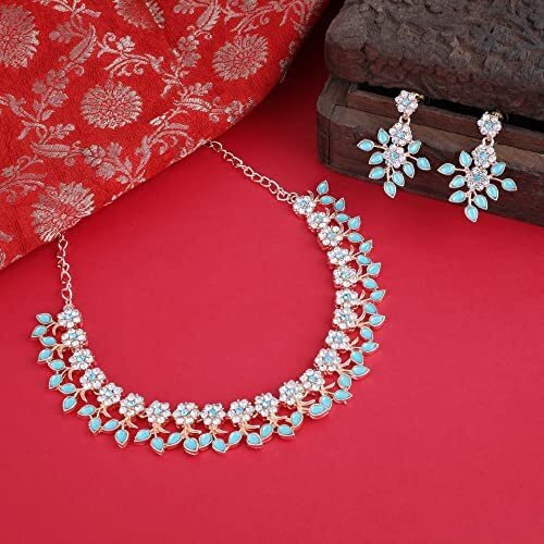 Atasi International Mint Blue Gold Plated Crystal Necklace Jewellery Set with Earrings Ideal for Party/Wedding/Festival (MB5484) For Women