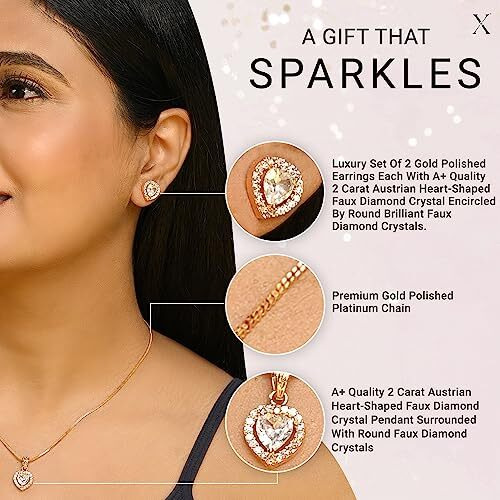 XPNSV Jewelry Luxury Pendant Gift Set for Women, Girls & Her | Pendant with 2 Earrings, Option in 10 Different Color & Design with Gold Silver Princess Cut Round Heart and Oval (Gold, Heart)