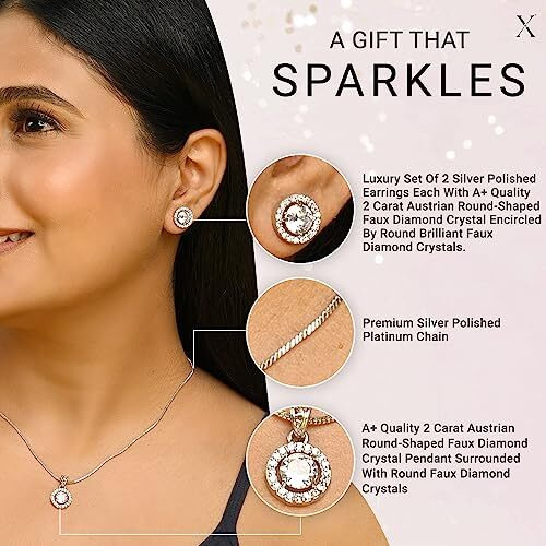 XPNSV Jewelry Luxury Pendant Gift Set for Women, Girls & Her | Pendant with 2 Earrings, Option in 10 Different Color & Design with Gold Silver Princess Cut Round Heart and Oval (Silver, Round)
