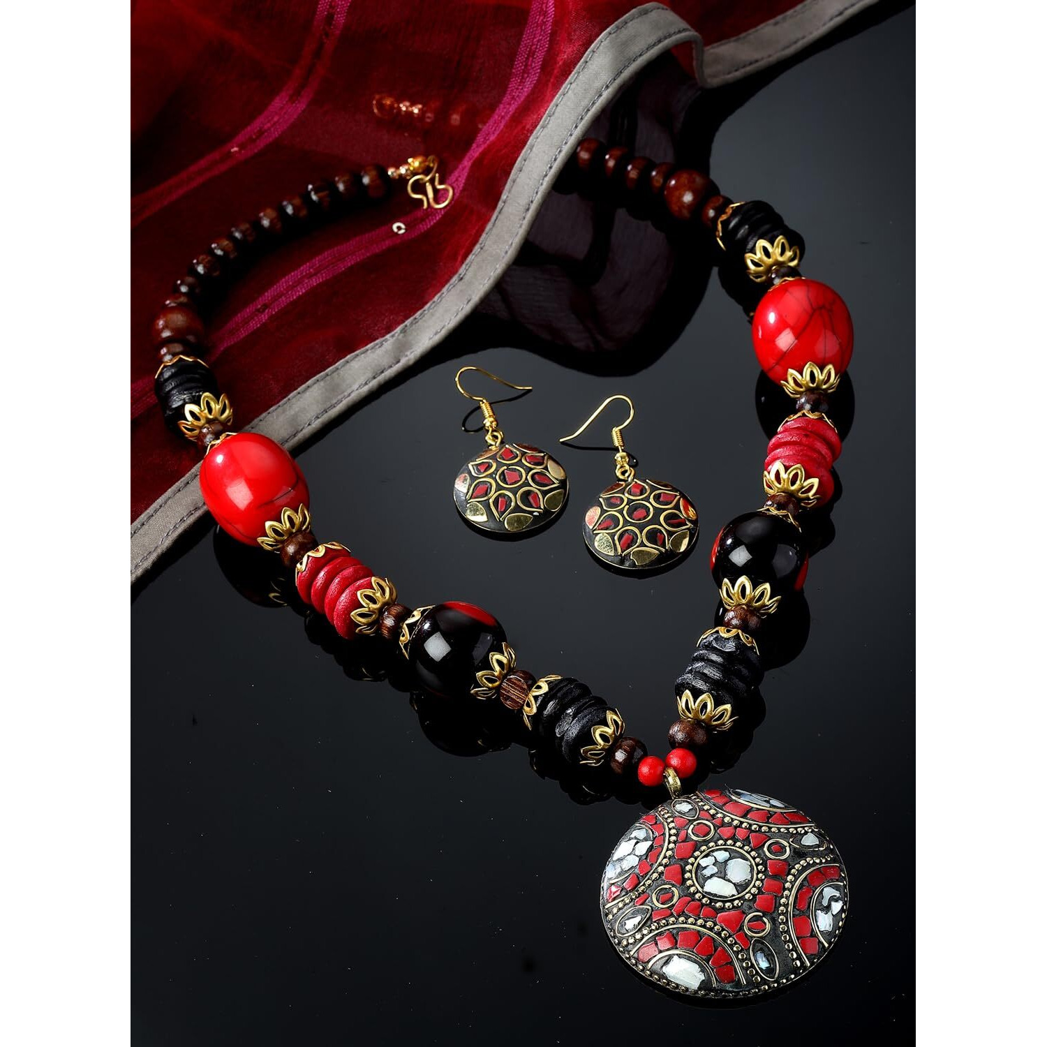 Shining Diva Fashion Latest Stylish Traditional Tibetan Pendant Necklace Jewellery Set for Women (rrsd15536s)
