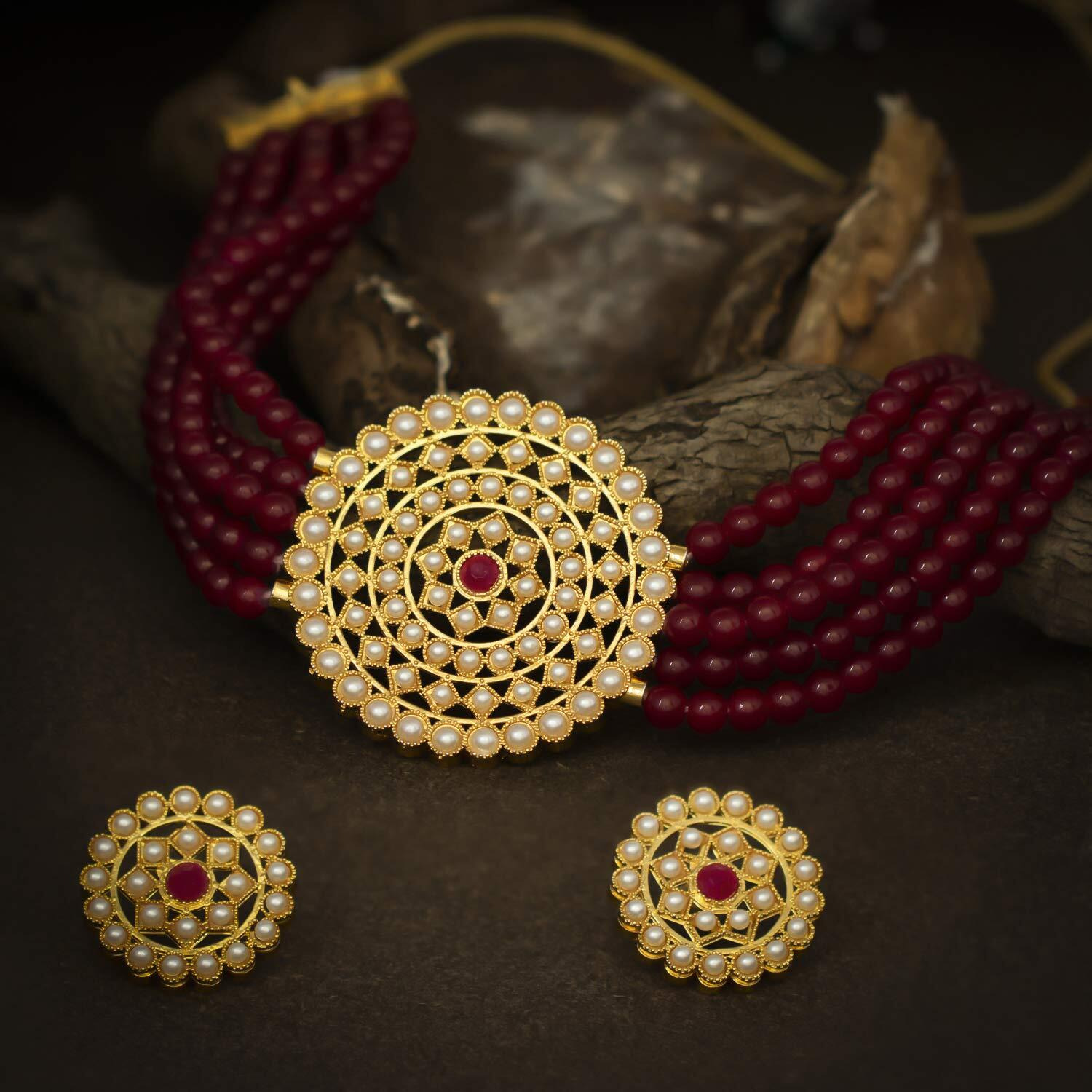 Sukkhi Sparkling Gold Plated Maroon Pearl Choker Necklace Set with Stud Earring for Women