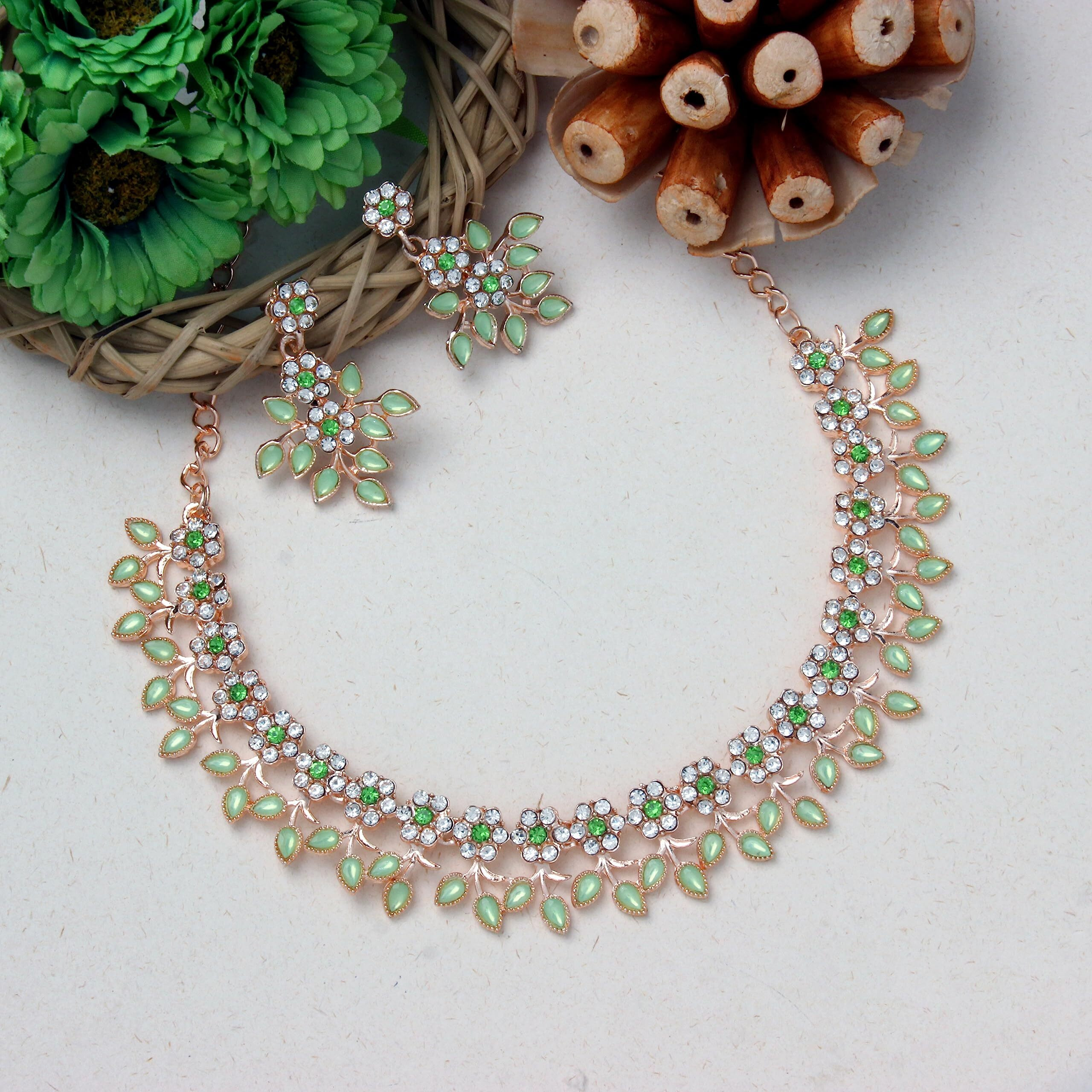 Atasi International Gold Plated Crystal Necklace Jewellery Set with Earrings Suited for Party Wedding Festive for Women (Green)
