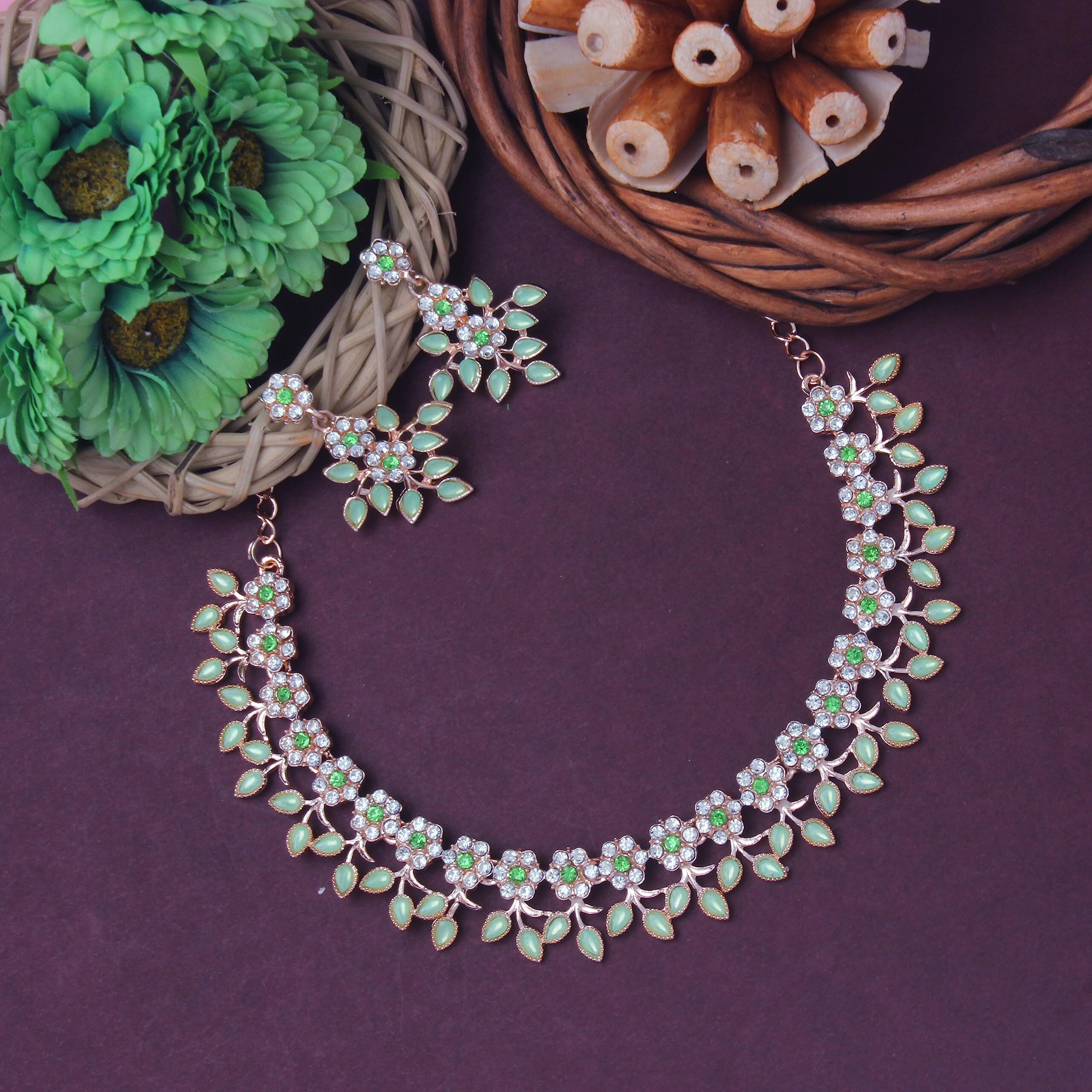 Atasi International Gold Plated Crystal Necklace Jewellery Set with Earrings Suited for Party Wedding Festive for Women (Green)
