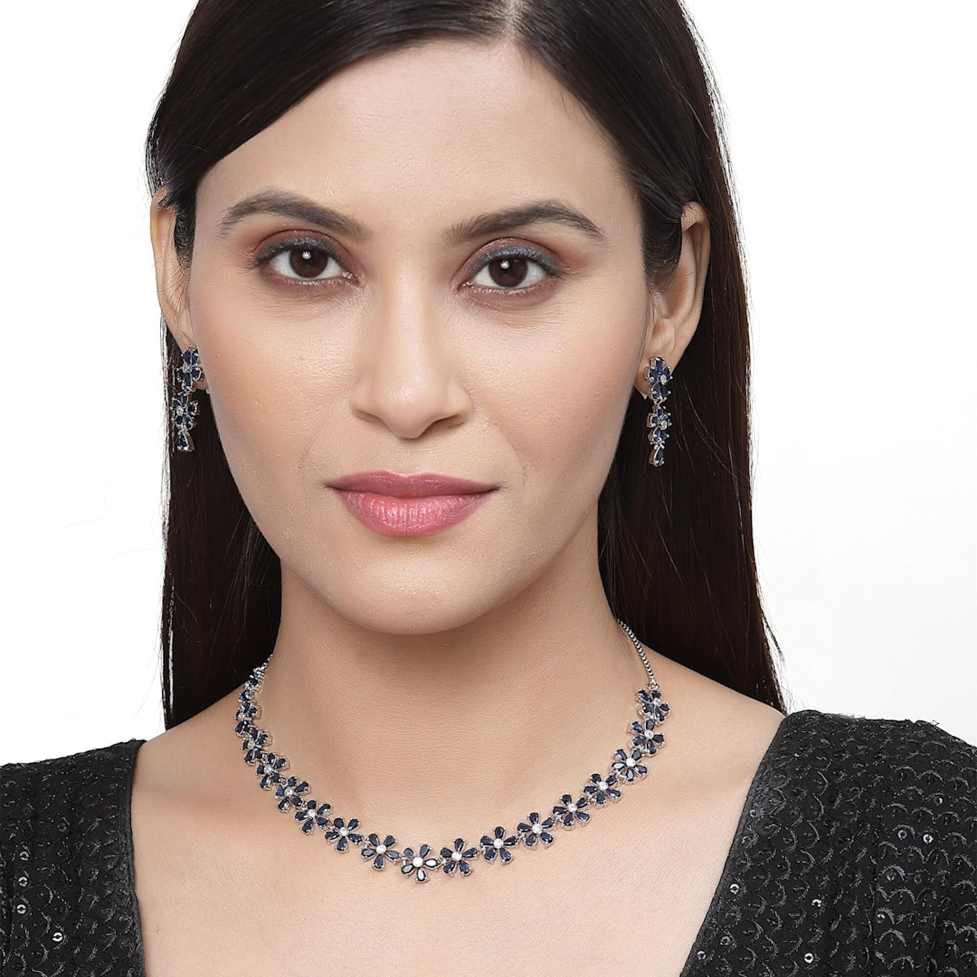 ZENEME Rhodium Plated Silver Toned White American Diamond Studded Flower Shaped Jewellery Set For Girls and Women (Navy Blue)