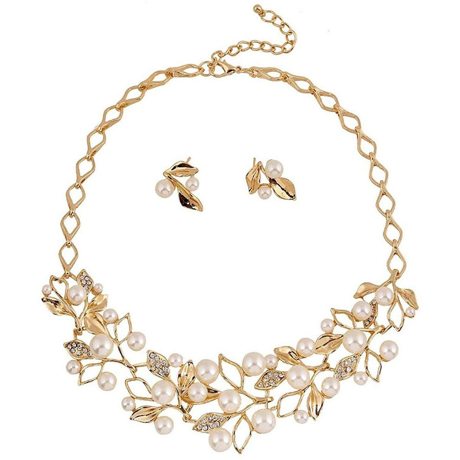 Shining Diva Fashion 18k Gold Plated Pearl Necklace Jewellery Set with Fancy Earrings for Girls and Women (Golden) (8181s)