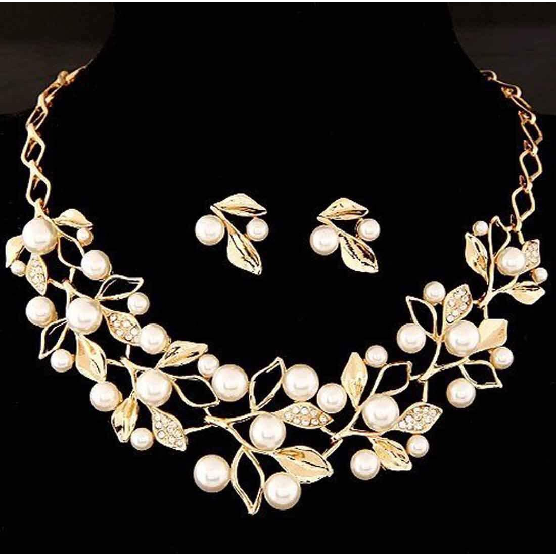 Shining Diva Fashion 18k Gold Plated Pearl Necklace Jewellery Set with Fancy Earrings for Girls and Women (Golden) (8181s)