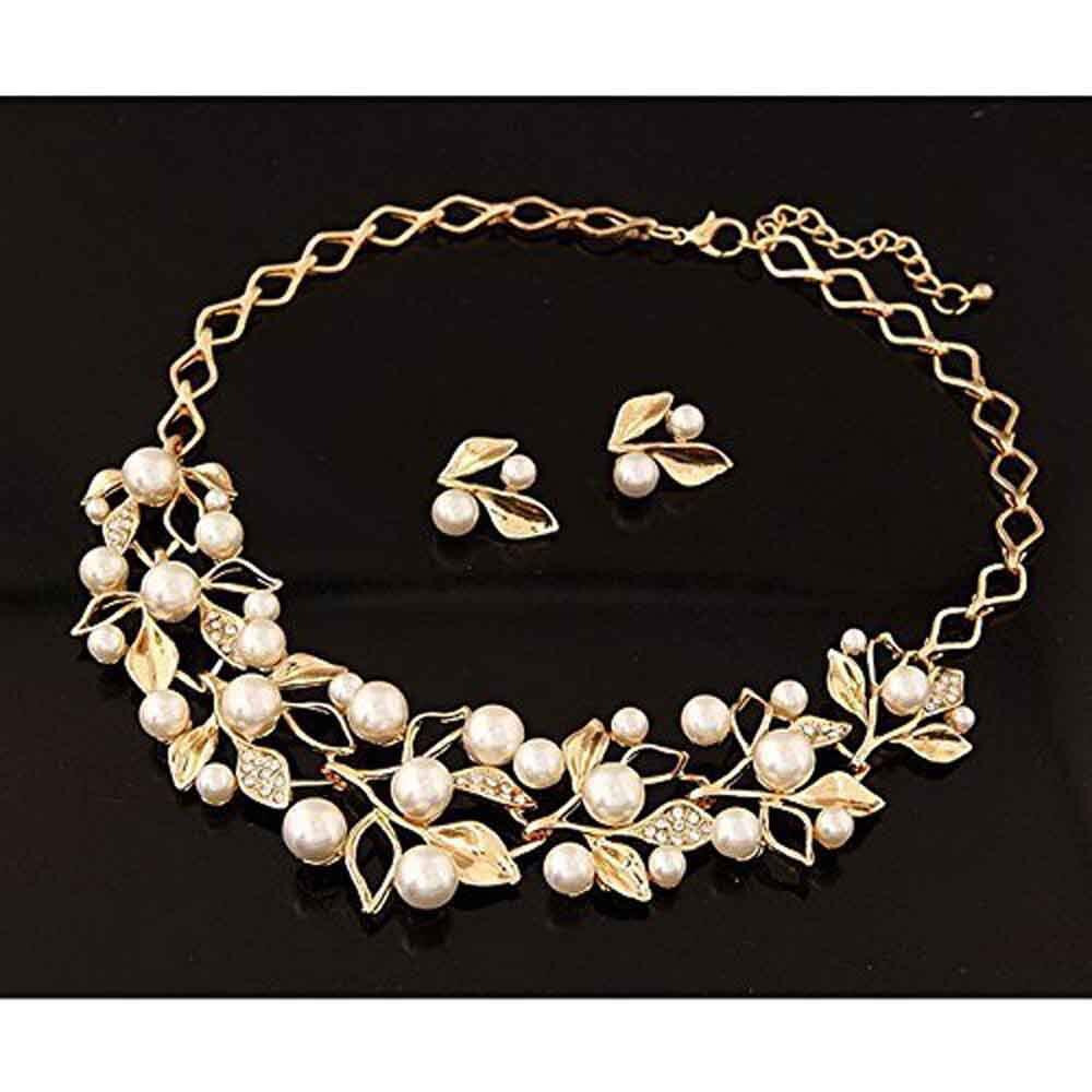 Shining Diva Fashion 18k Gold Plated Pearl Necklace Jewellery Set with Fancy Earrings for Girls and Women (Golden) (8181s)