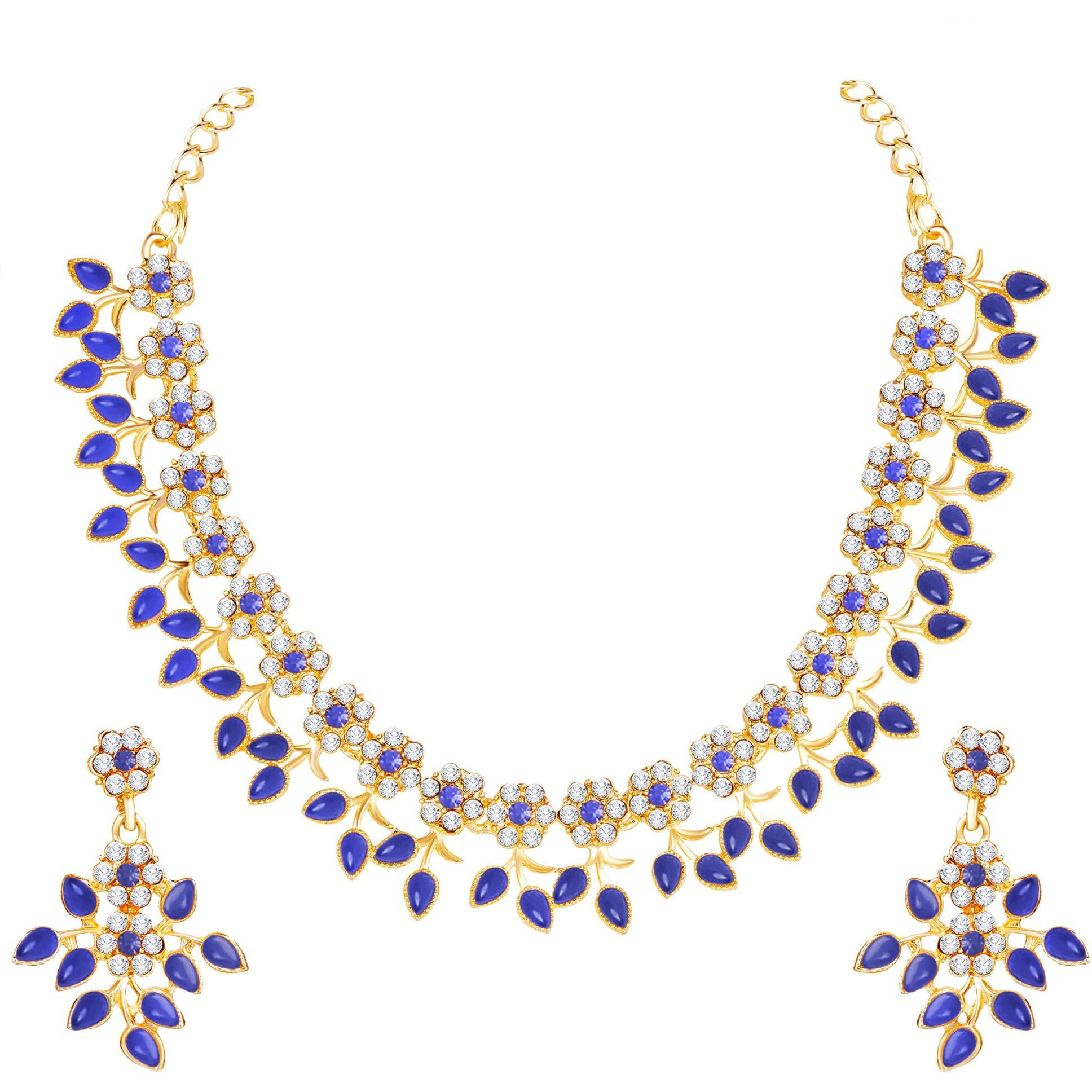 Atasi International Gold Plated Crystal Necklace White and Blue stone Leaf Design Jewellery Set with Earrings Suited for Party Wedding Festive for Women Girls