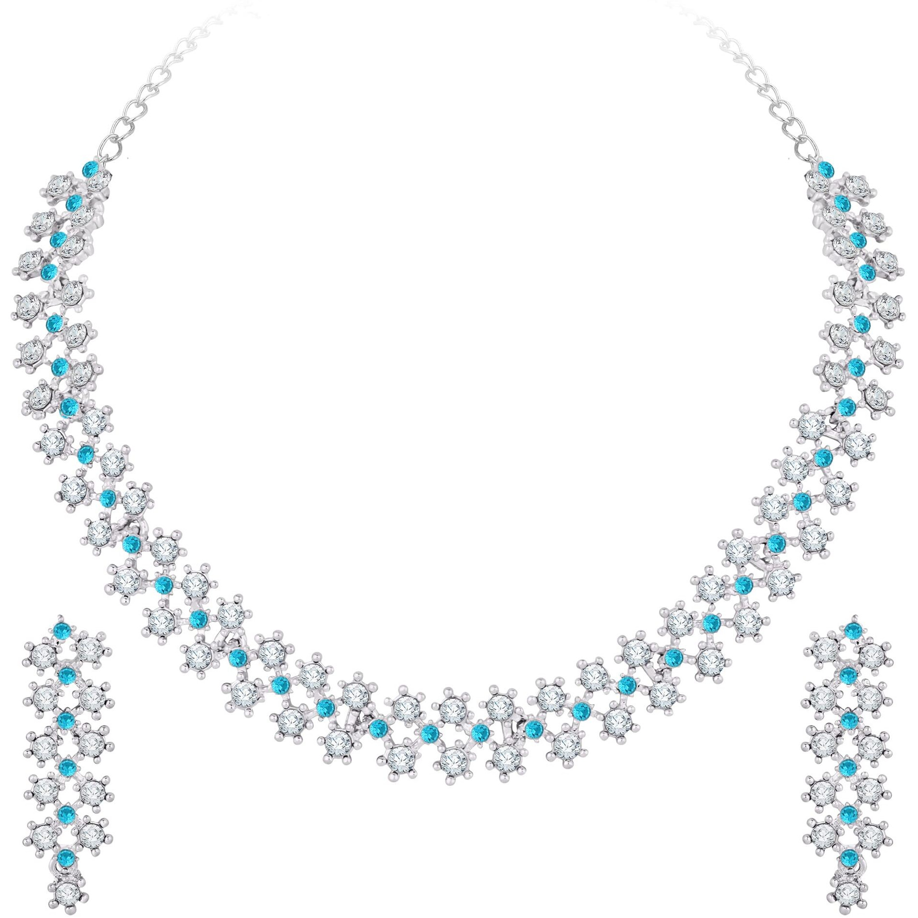 Atasi International Women Silver Plated Aqua Blue Diamond Necklace Jewellery Set With Earrings Ideal For Party, Wedding And Festival (Rf5552)