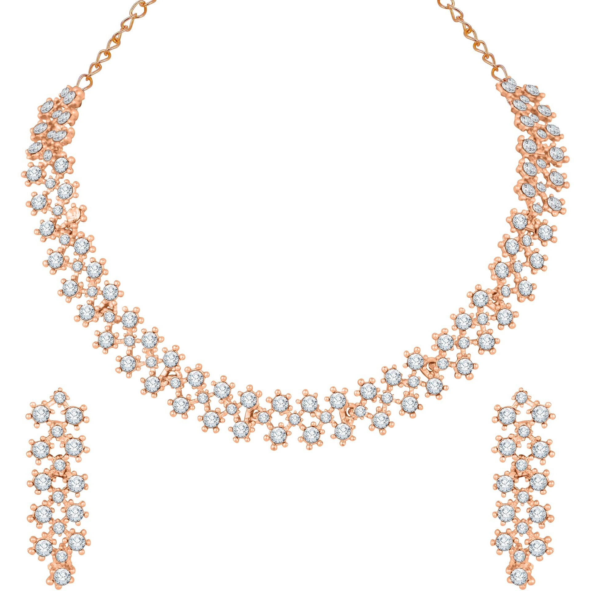 Atasi International Rose Gold Crystal AD Diamond Necklace Jewellery Set with Earrings for Women and Girls Suits Best Party, Wedding and Occasional Wear (RG5552)