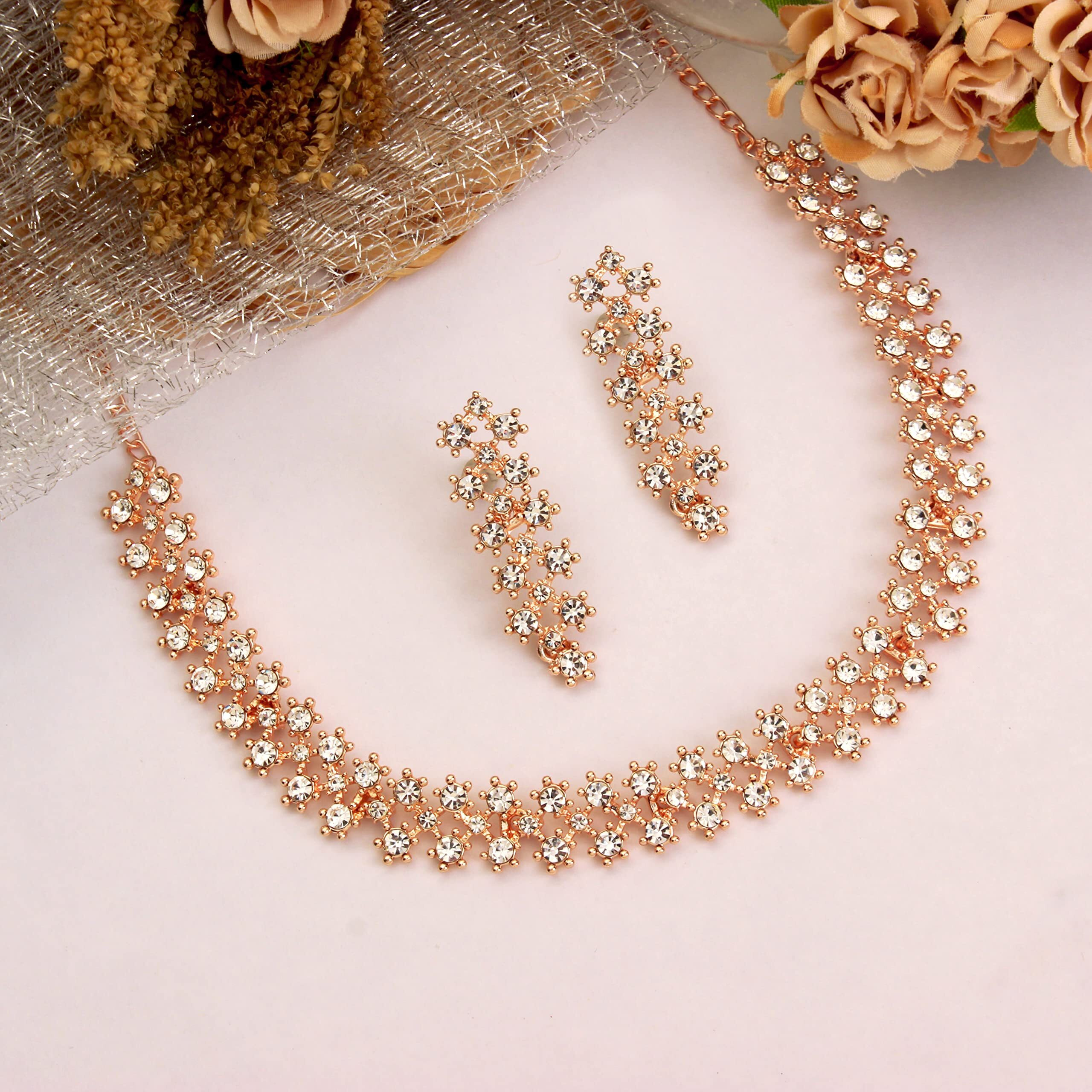 Atasi International Rose Gold Crystal AD Diamond Necklace Jewellery Set with Earrings for Women and Girls Suits Best Party, Wedding and Occasional Wear (RG5552)