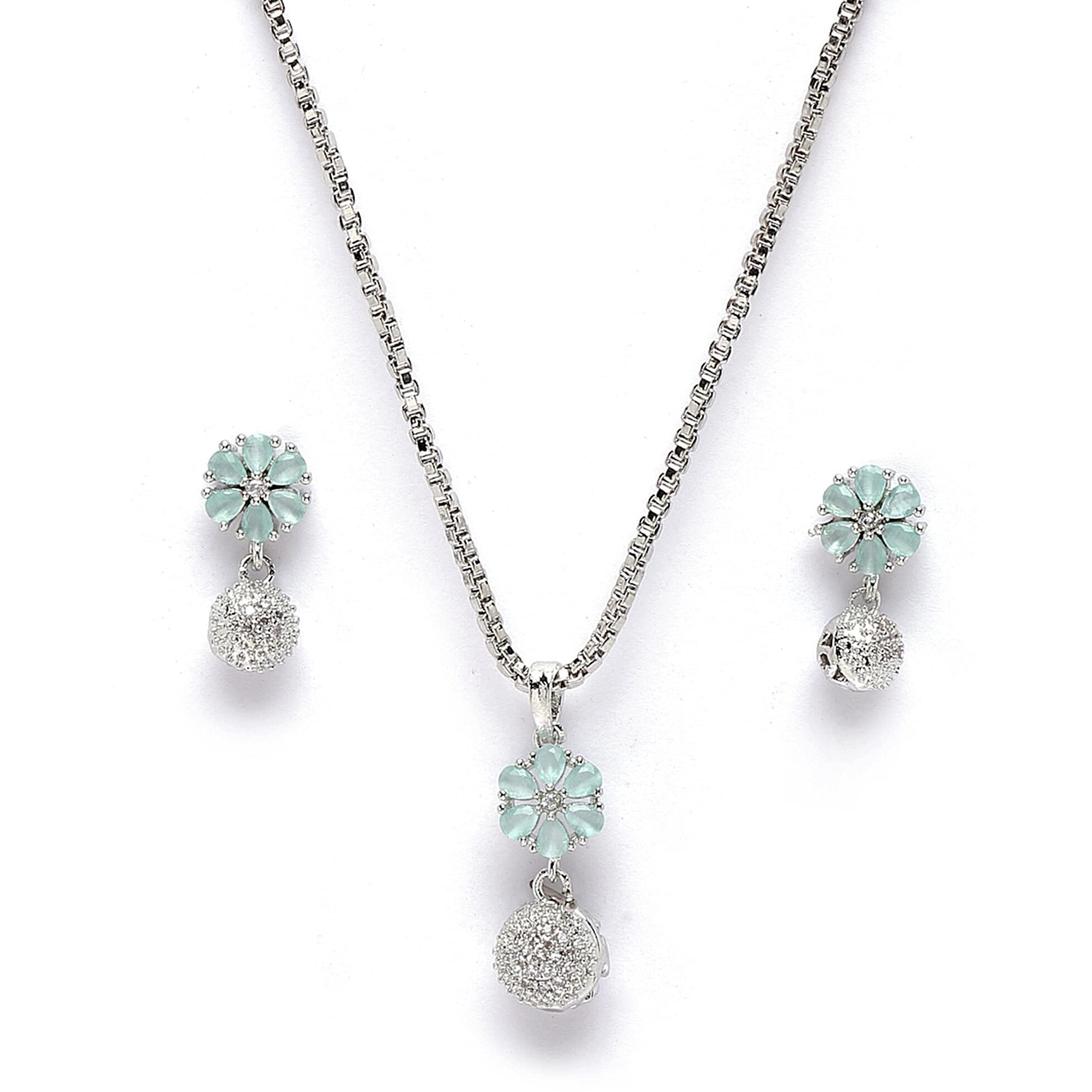 ZENEME Rhodium-Plated Silver Toned Green Cubic Zirconia studded Floral Shaped Cute Pendant with Earrings Jewellery Set for Girls and Women (Green) (Lime Green)