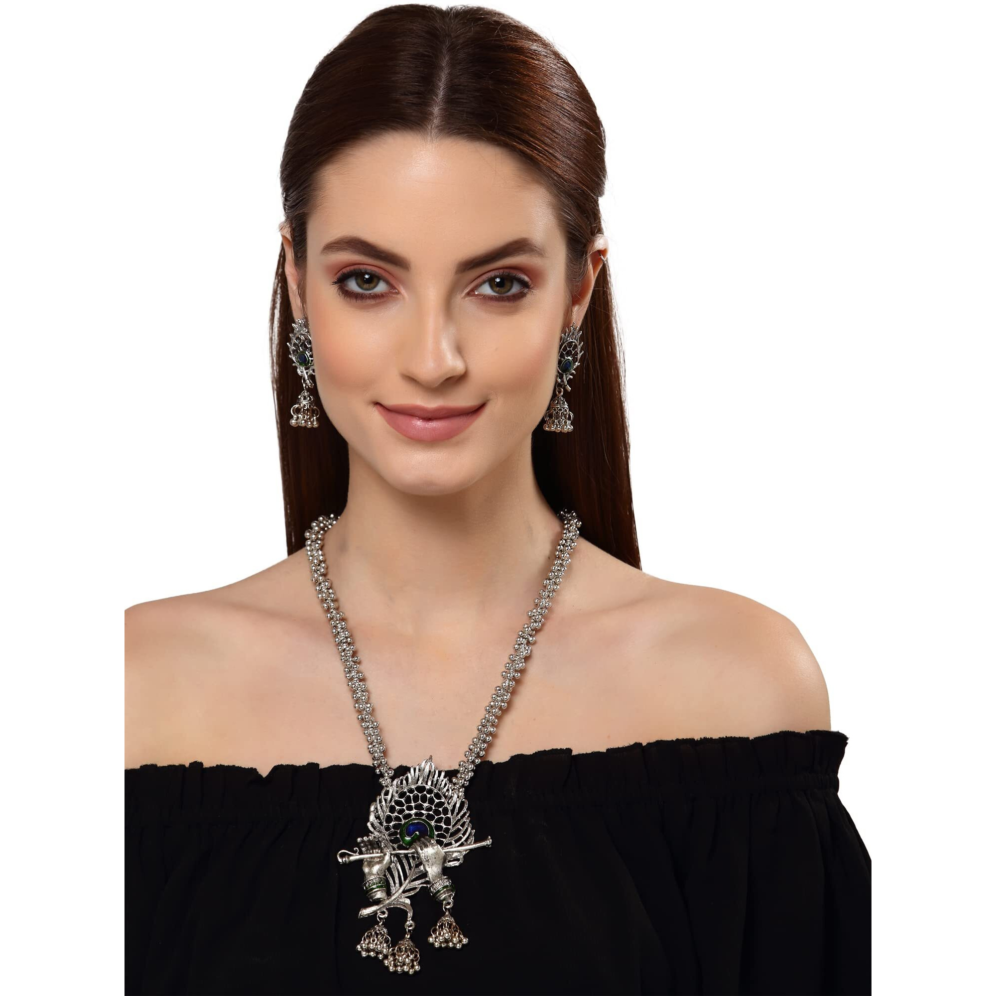Shining Diva Fashion Latest Stylish Traditional Oxidised Silver Necklace Jewellery Set for Women (13165s)
