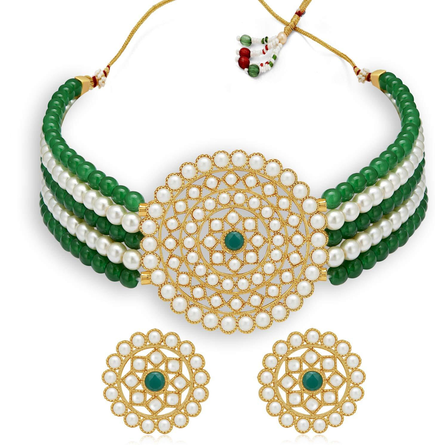 Sukkhi Classy Gold Plated Green & White Pearl Choker Necklace Set with Stud Earring for Women