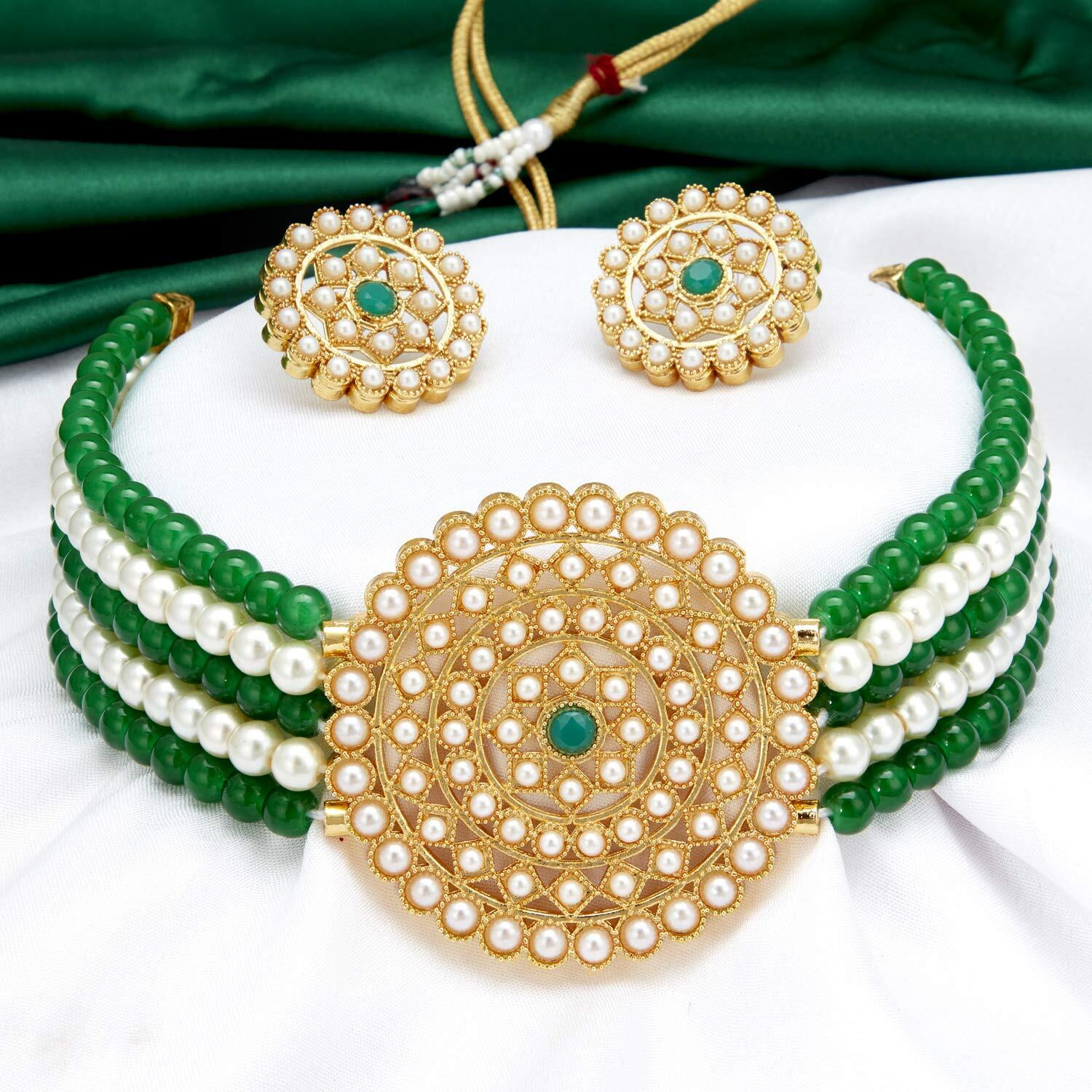 Sukkhi Classy Gold Plated Green & White Pearl Choker Necklace Set with Stud Earring for Women