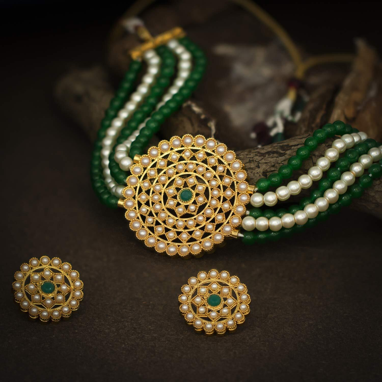 Sukkhi Classy Gold Plated Green & White Pearl Choker Necklace Set with Stud Earring for Women