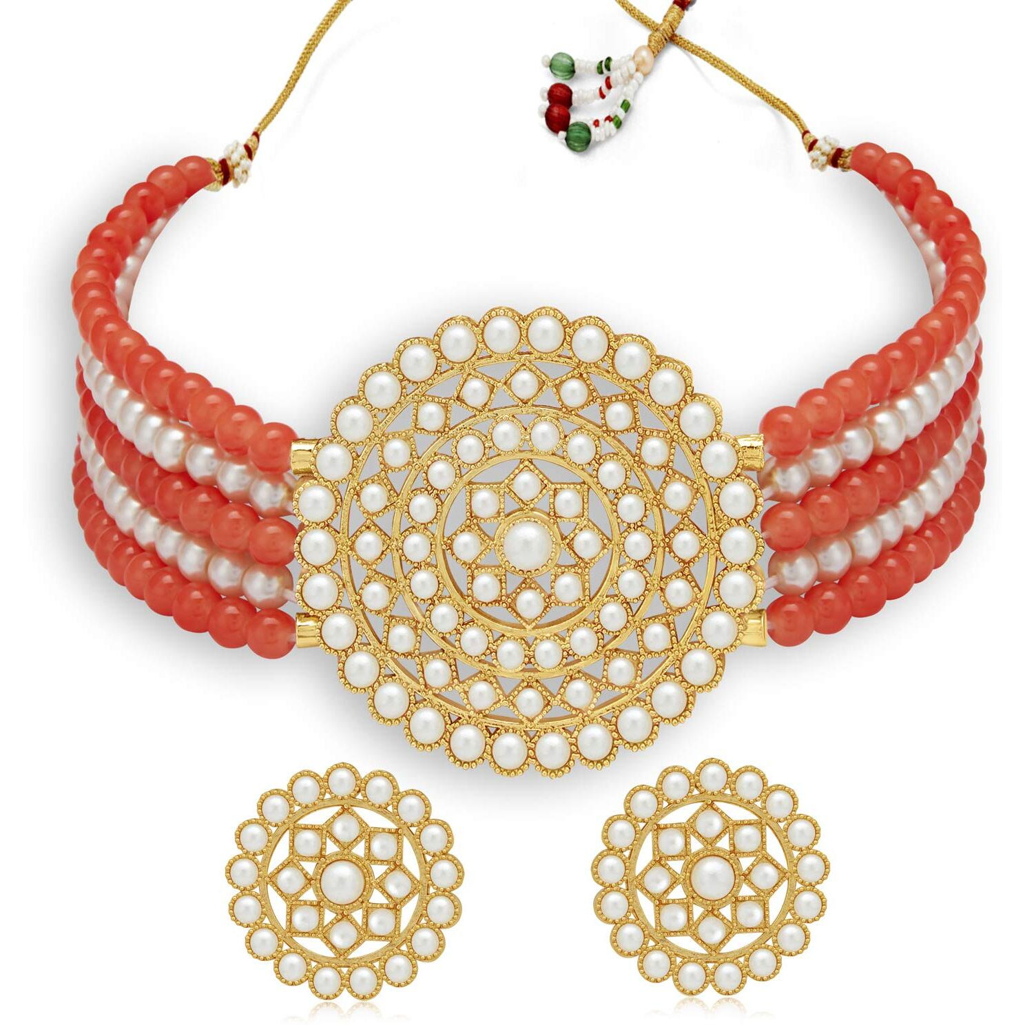 Sukkhi Modern Gold Plated Light Red & White Pearl Choker Necklace Set with Stud Earring for Women