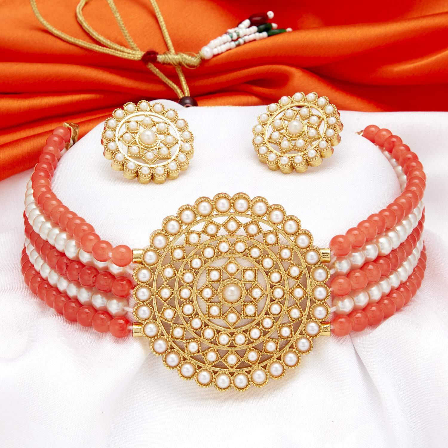Sukkhi Modern Gold Plated Light Red & White Pearl Choker Necklace Set with Stud Earring for Women