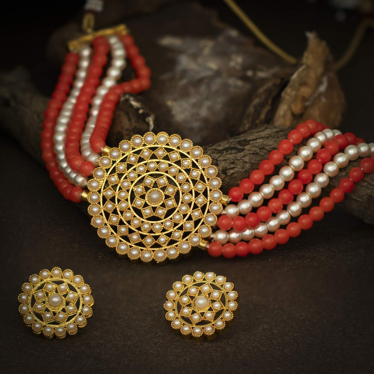 Sukkhi Modern Gold Plated Light Red & White Pearl Choker Necklace Set with Stud Earring for Women
