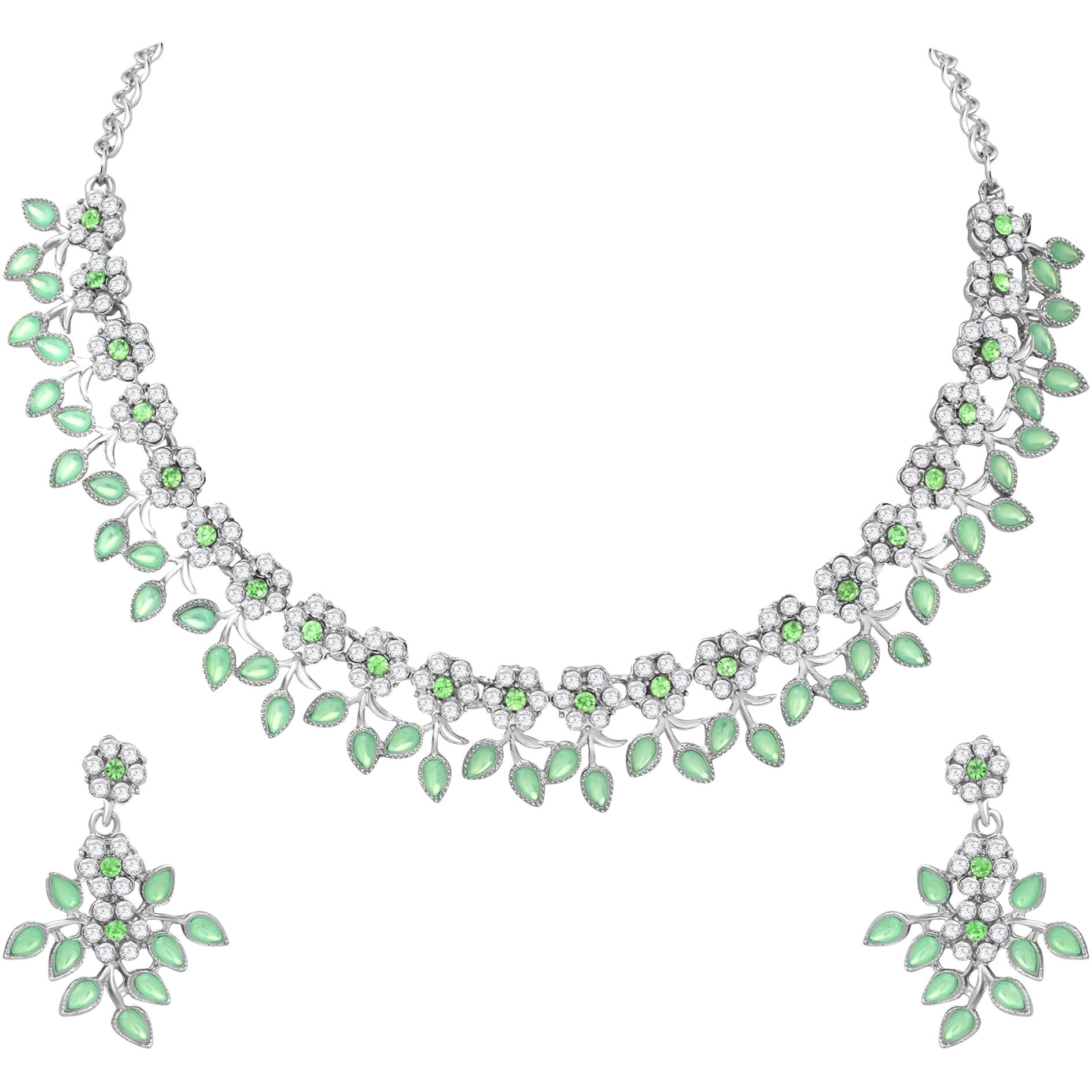 Atasi International Green Silver Plated Crystal AD Diamond Necklace Jewellery Set with Earrings for Women/Girls Suits Best Party, Wedding (Light green)