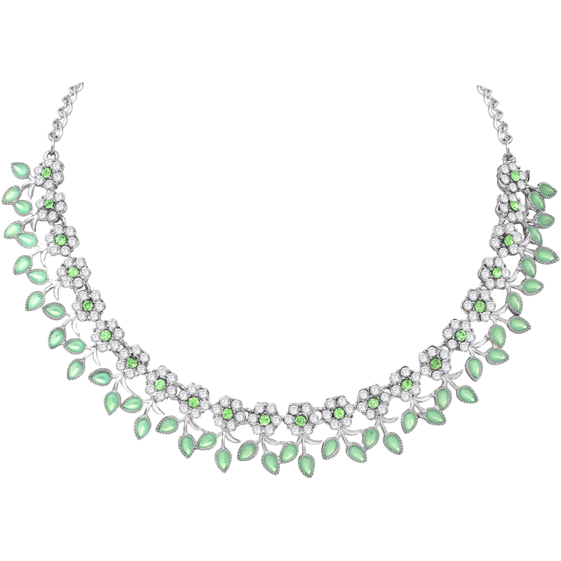 Atasi International Green Silver Plated Crystal AD Diamond Necklace Jewellery Set with Earrings for Women/Girls Suits Best Party, Wedding (Light green)