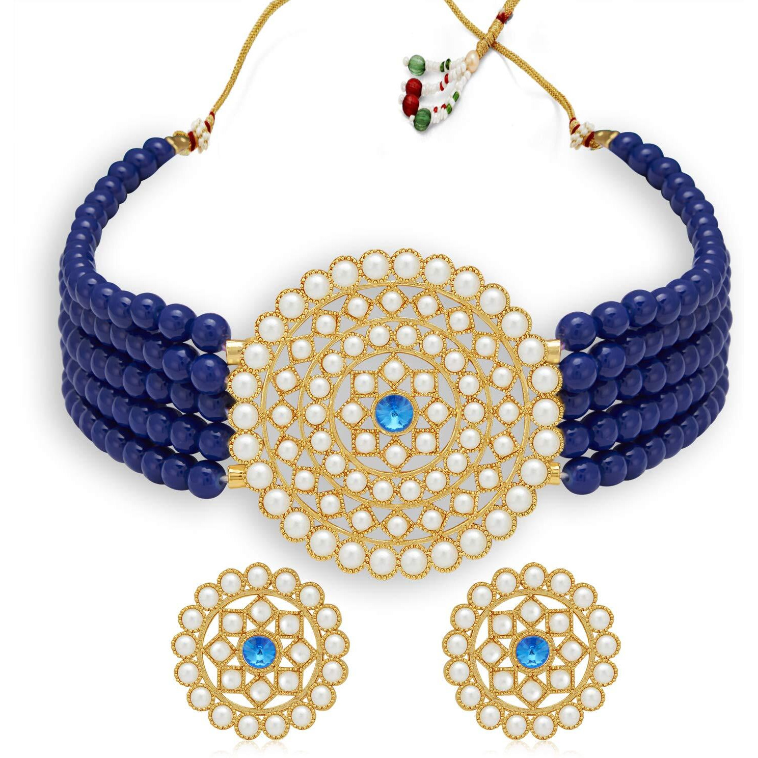 Sukkhi Lovely Gold Plated Dark Blue Pearl Choker Necklace Set with Stud Earring for Women