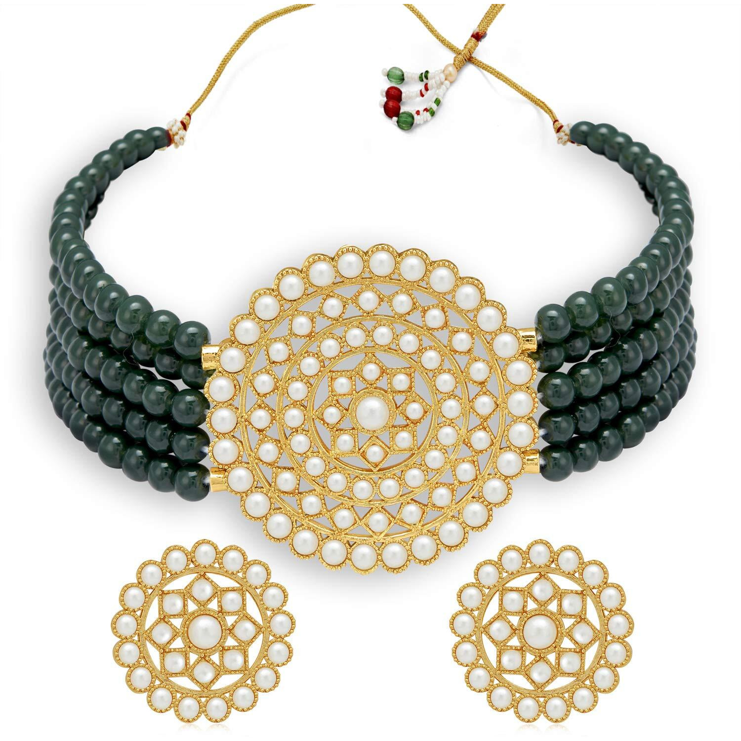 Sukkhi Modish Gold Plated Dark Green Pearl Choker Necklace Set with Stud Earring for Women