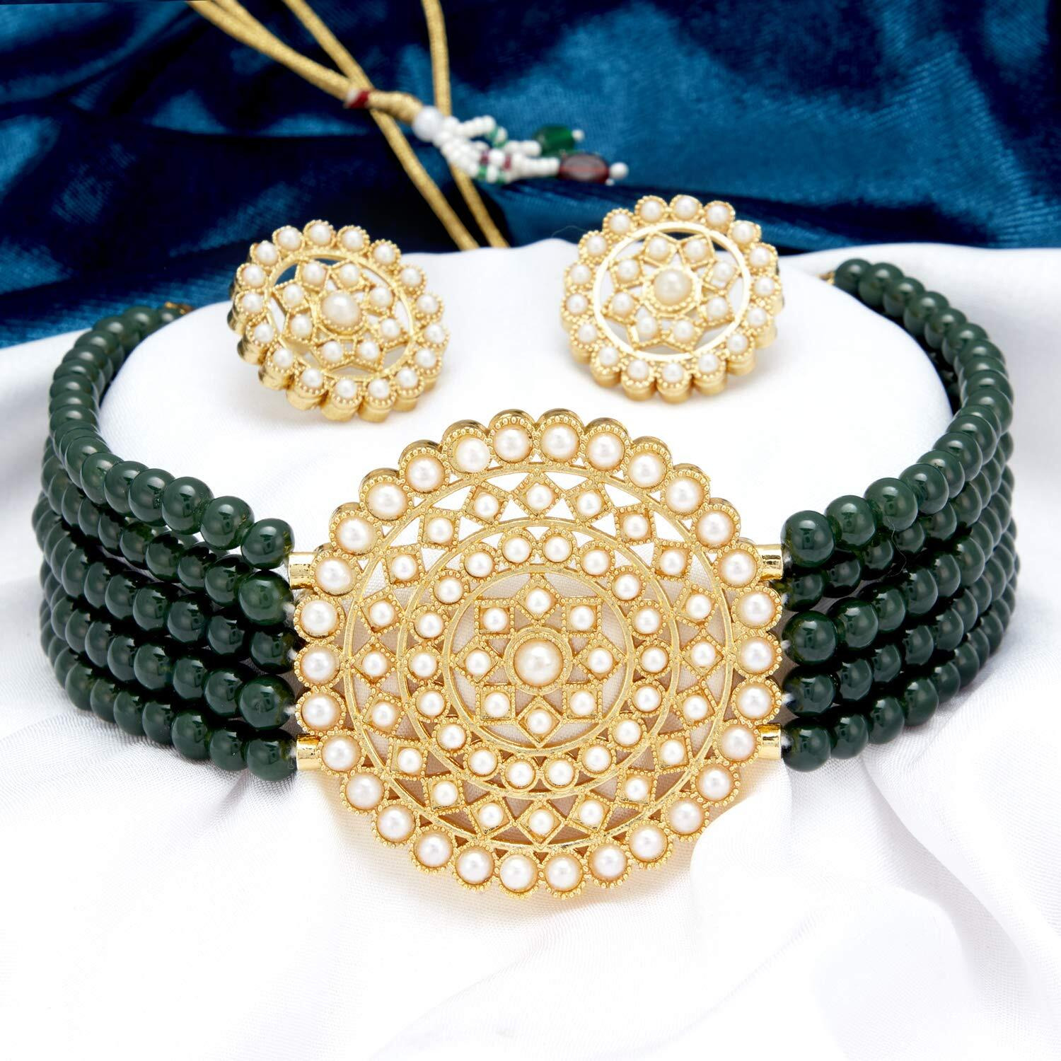 Sukkhi Modish Gold Plated Dark Green Pearl Choker Necklace Set with Stud Earring for Women