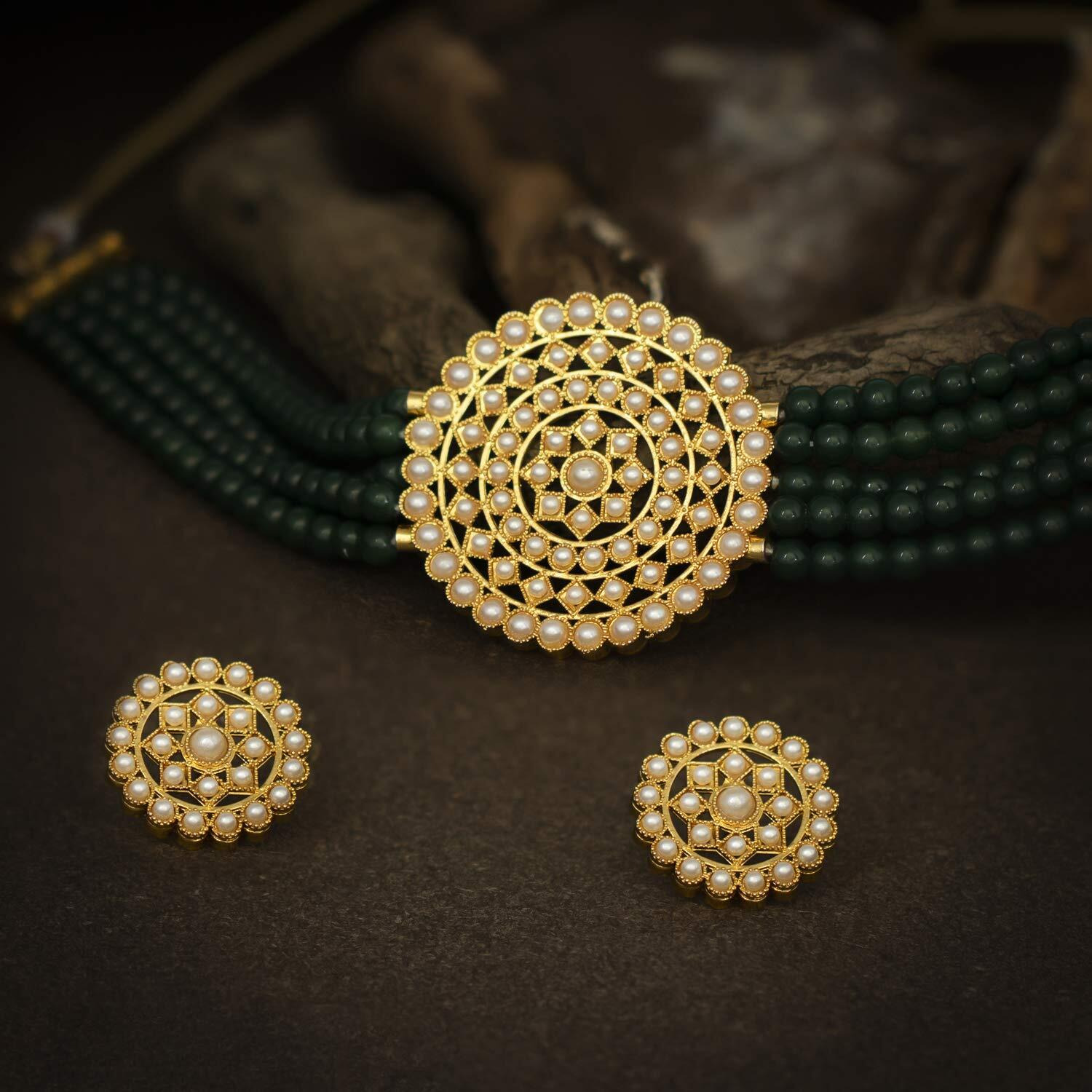 Sukkhi Modish Gold Plated Dark Green Pearl Choker Necklace Set with Stud Earring for Women