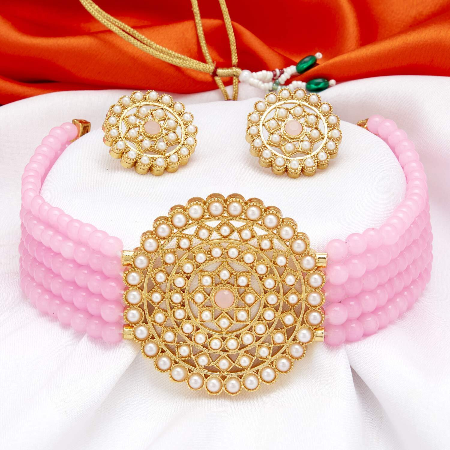 Sukkhi Gorgeous Gold Plated Pink Pearl Choker Necklace Set with Stud Earring for Women