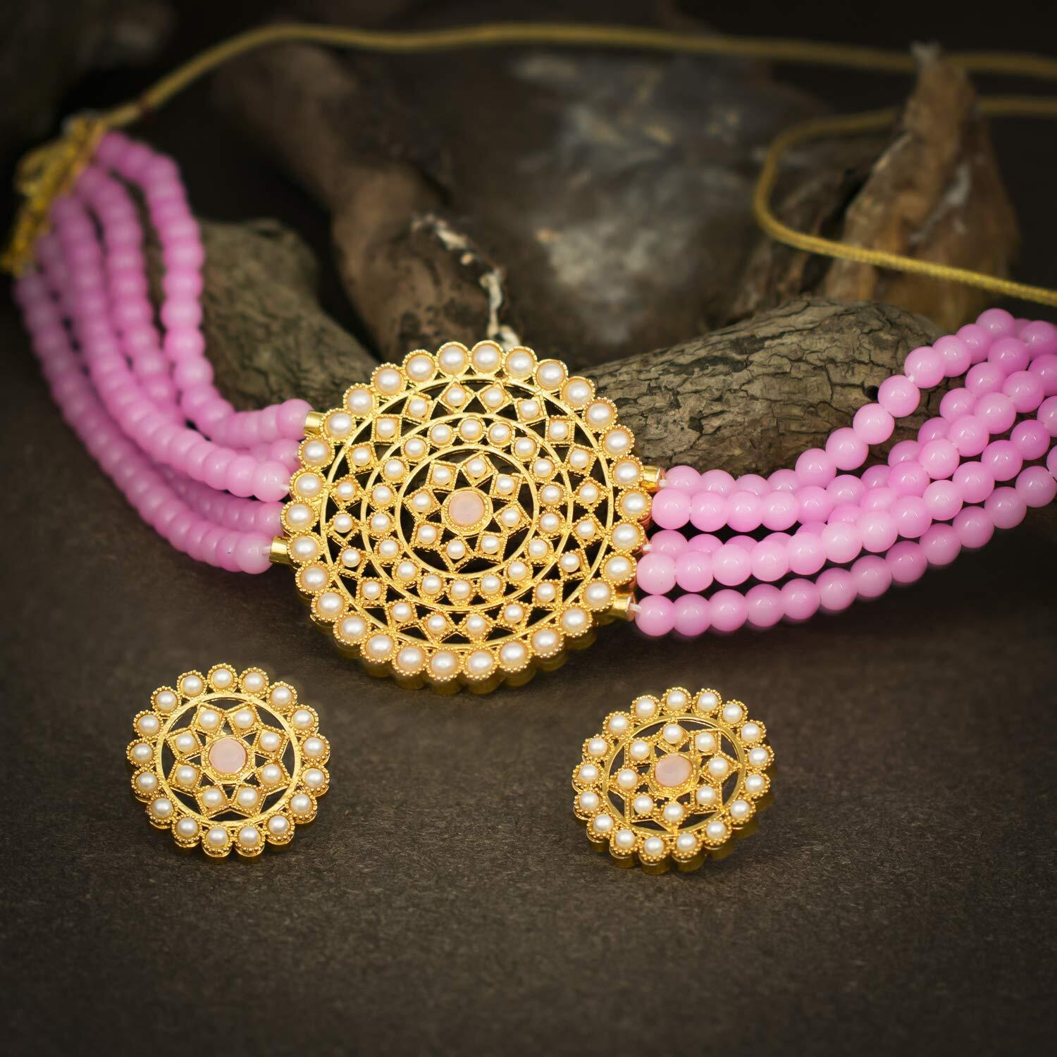 Sukkhi Gorgeous Gold Plated Pink Pearl Choker Necklace Set with Stud Earring for Women