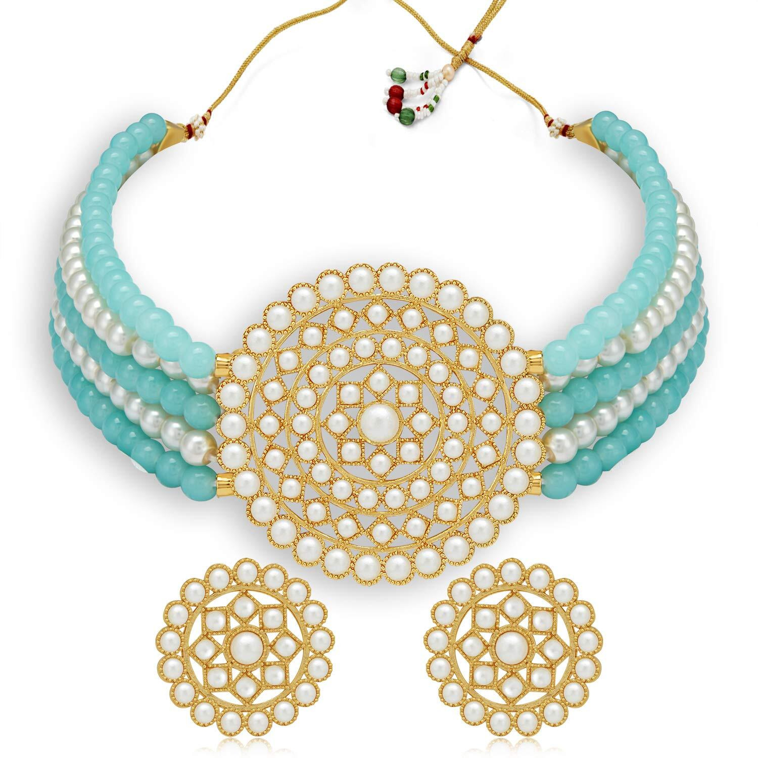 Sukkhi Ritzy Gold Plated Blue & White Pearl Choker Necklace Set with Stud Earring for Women