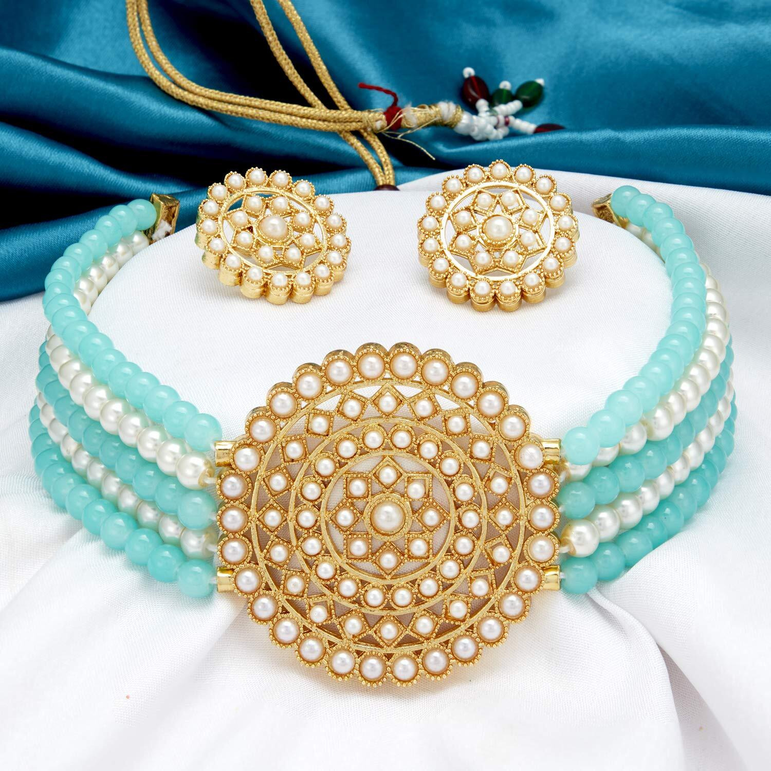 Sukkhi Ritzy Gold Plated Blue & White Pearl Choker Necklace Set with Stud Earring for Women