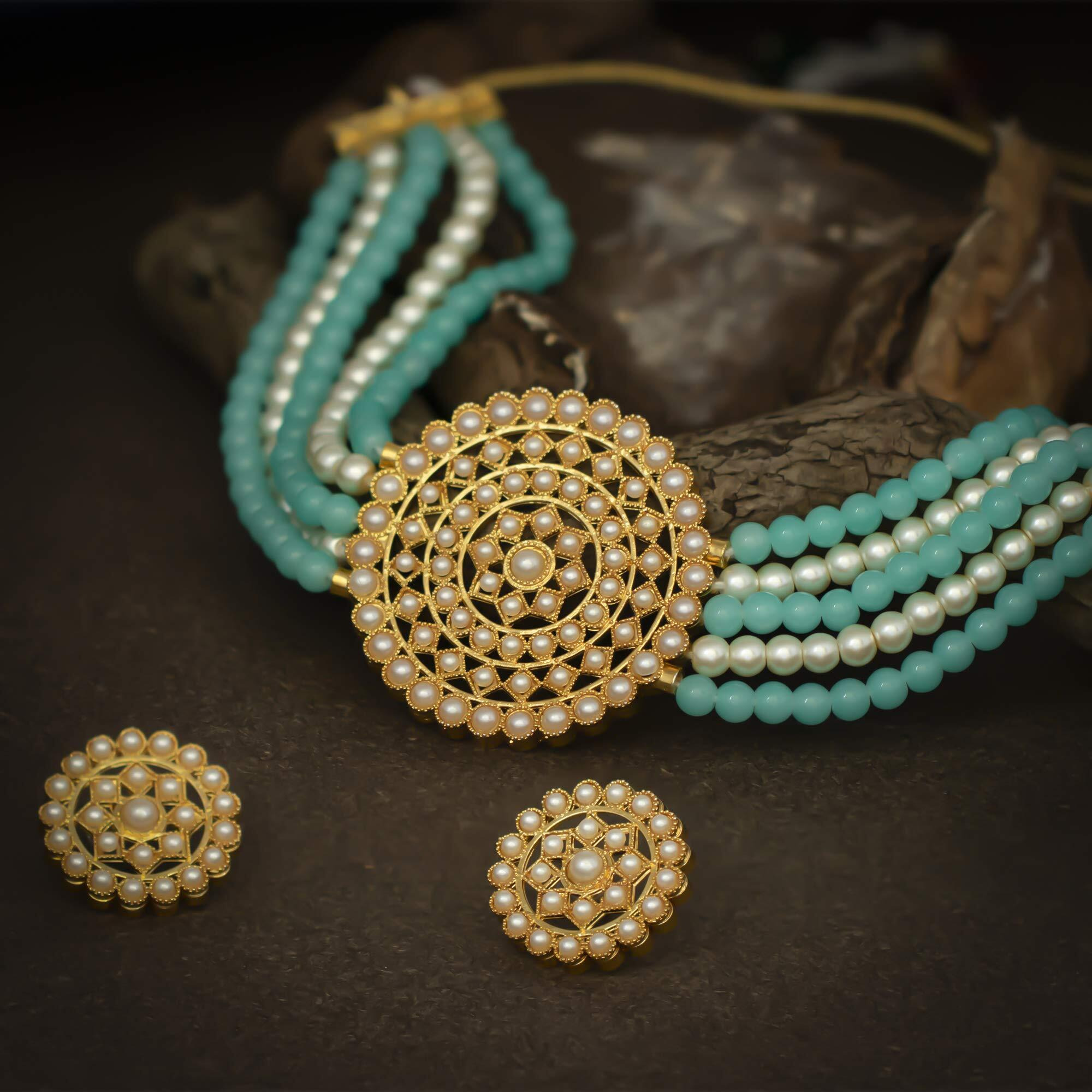 Sukkhi Ritzy Gold Plated Blue & White Pearl Choker Necklace Set with Stud Earring for Women