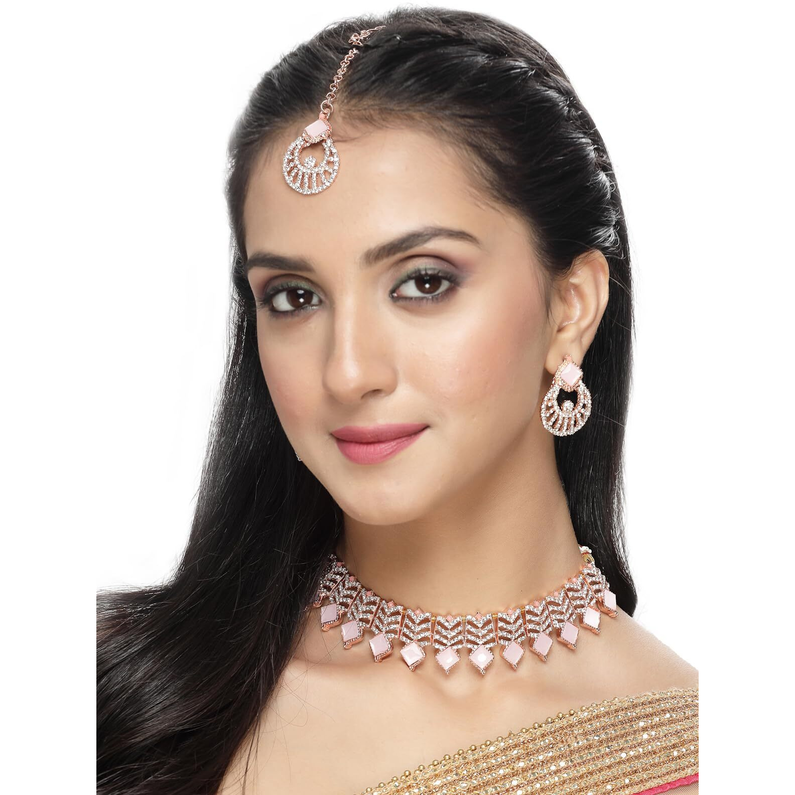 Sukkhi Seaside Rose Gold Plated Pink AD Stones & Beads Choker Necklace Set With Earring And Maangtika | Jewellery Set For Women (NS105560)