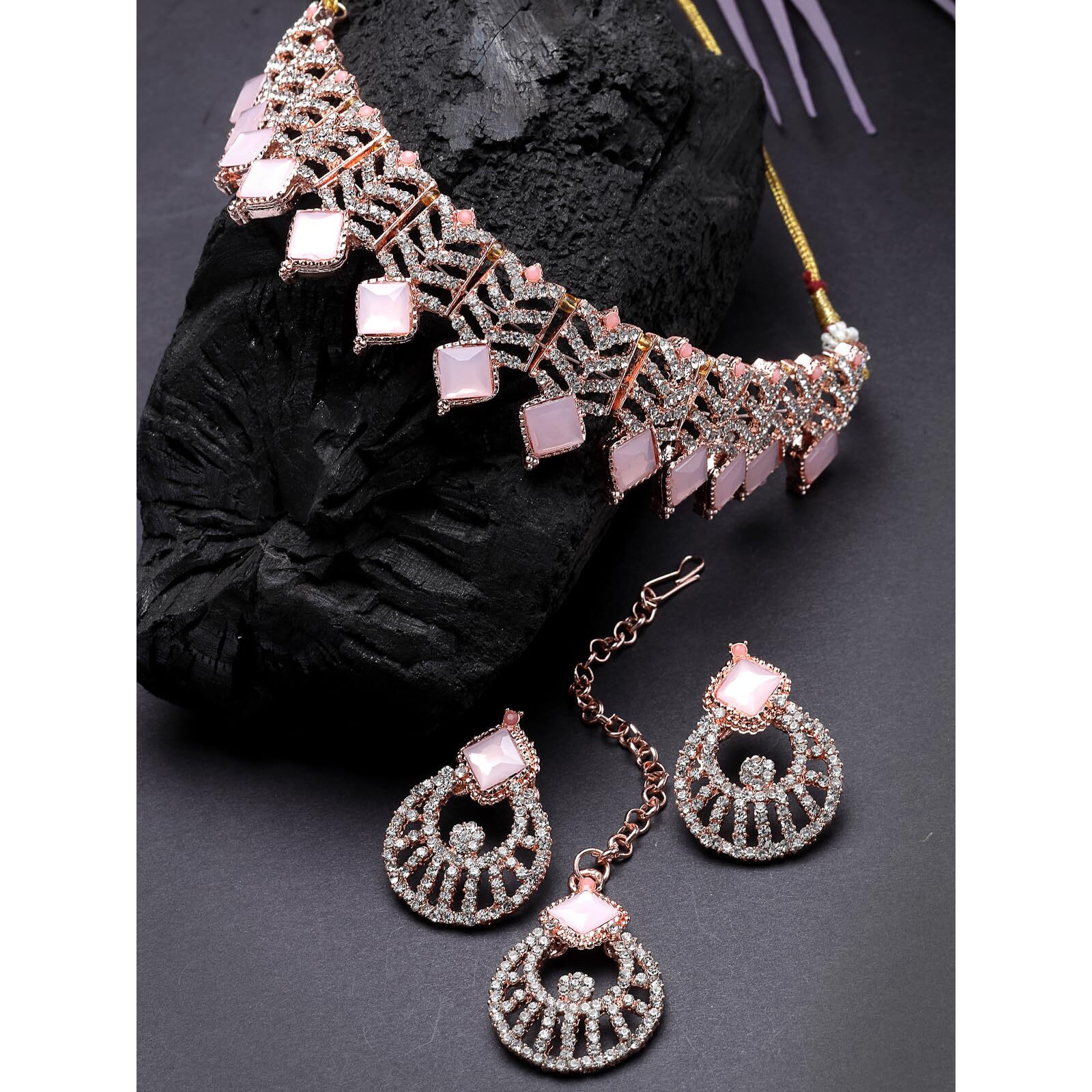 Sukkhi Seaside Rose Gold Plated Pink AD Stones & Beads Choker Necklace Set With Earring And Maangtika | Jewellery Set For Women (NS105560)