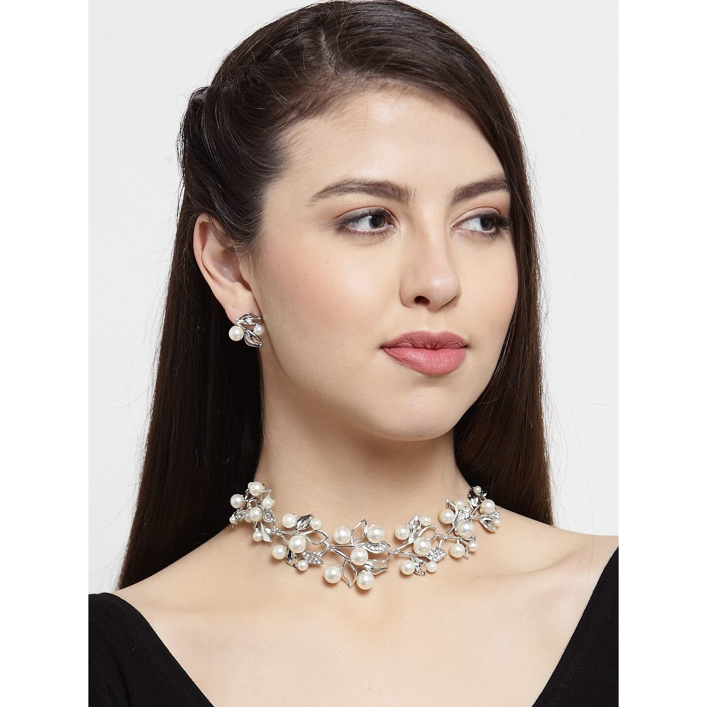 Shining Diva Fashion 18k Gold Plated Pearl Necklace Set/Jewellery Set with Fancy Earrings for Girls/Women (Silver) (8123s)